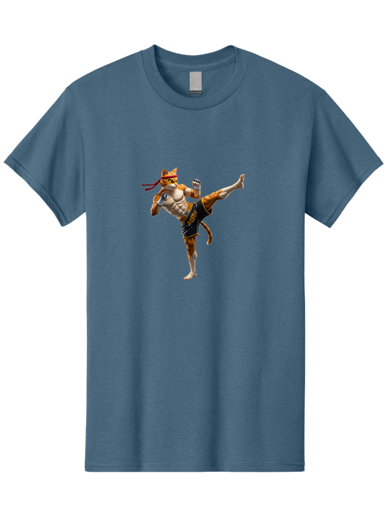 Kitt Men'S Graphic Tee, 100% Cotton, Comfortable Casual Summer Wear, Machine Washable, Cartoon Cat In Muay Thai Stance, Kickboxing Pose, Martial Arts, Athletic Physique, Orange Cat With Red Headband, Fighting Stance, Dynamic Action Bae478
