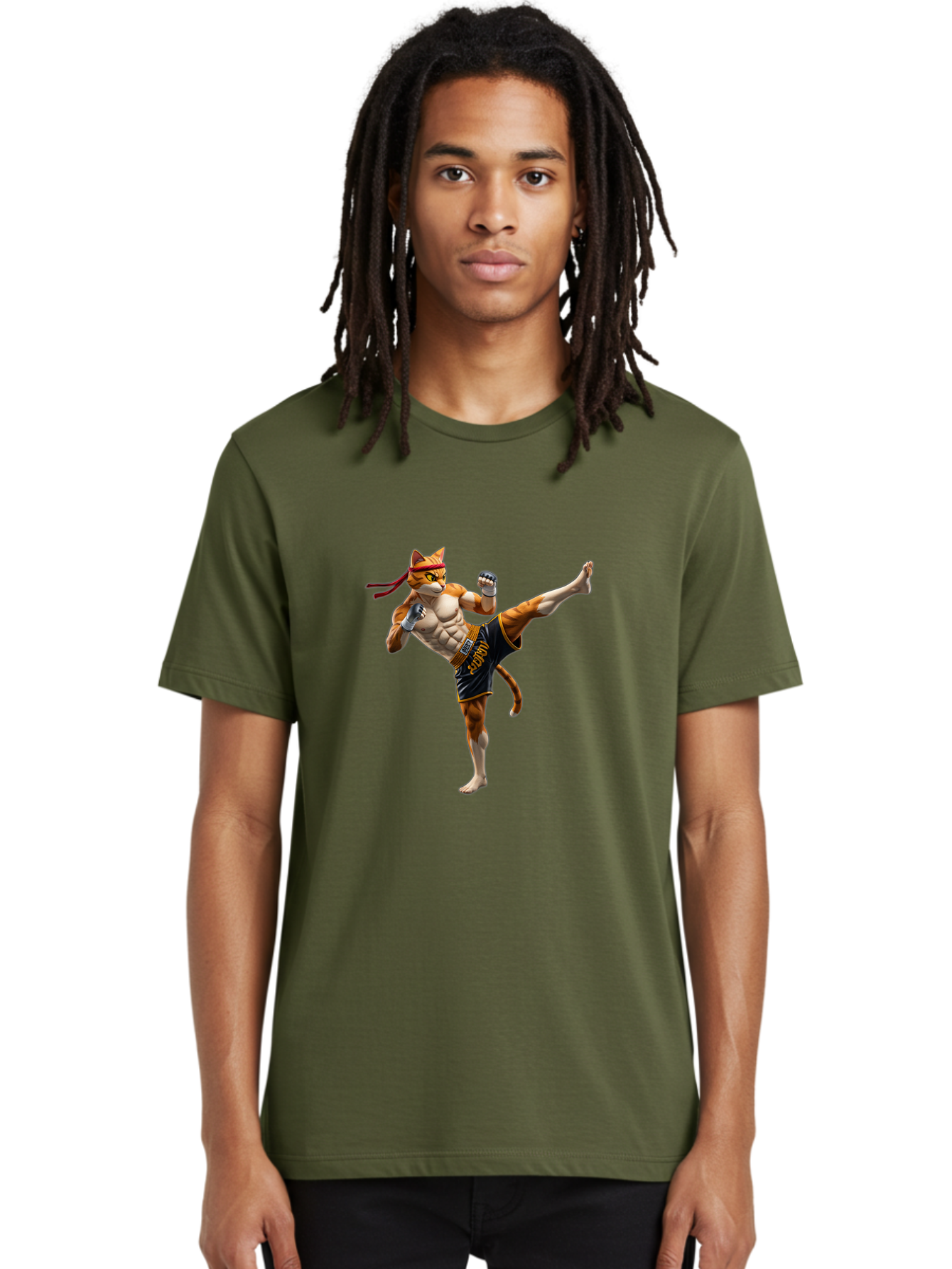 Kitt Men'S Graphic Tee, 100% Cotton, Comfortable Casual Summer Wear, Machine Washable, Cartoon Cat In Muay Thai Stance, Kickboxing Pose, Martial Arts, Athletic Physique, Orange Cat With Red Headband, Fighting Stance, Dynamic Action Bae478