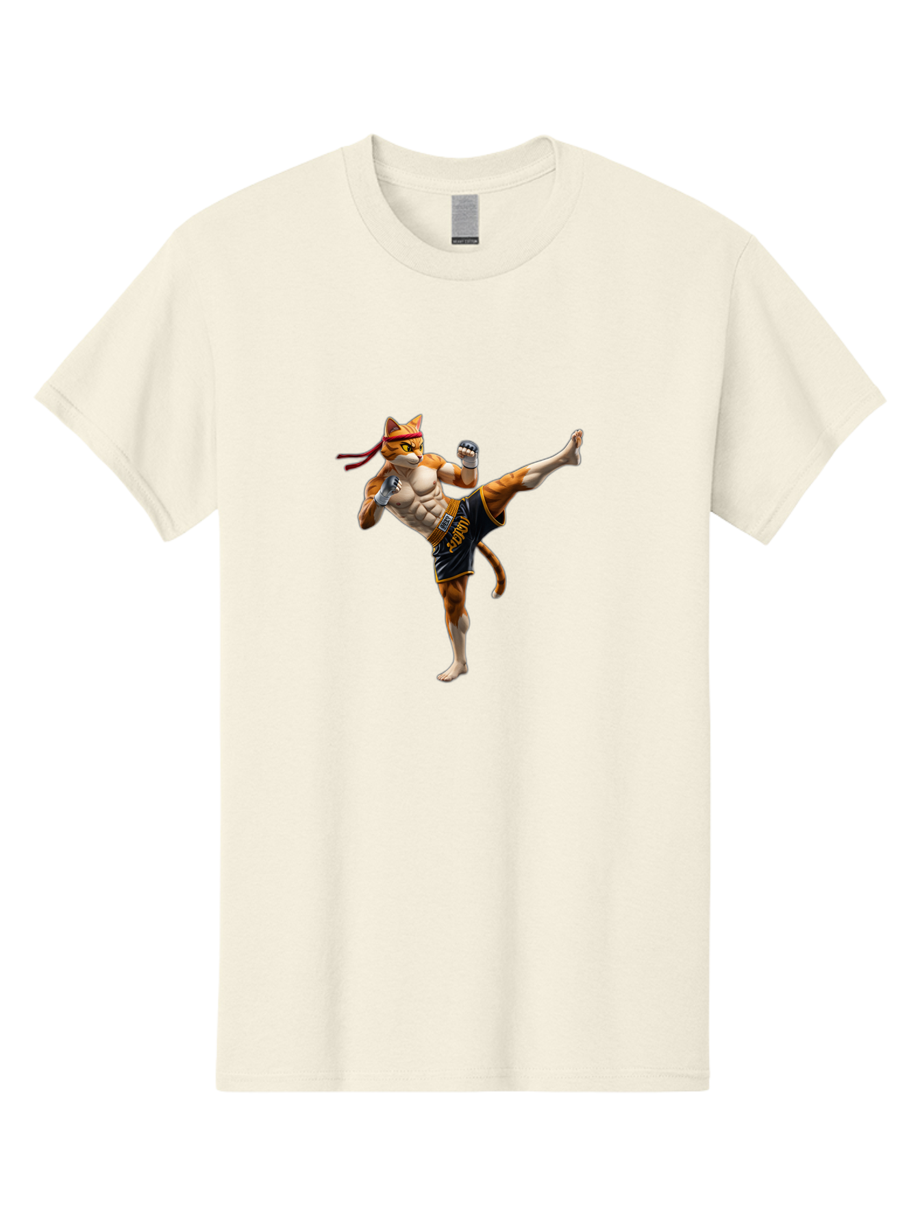 Kitt Men'S Graphic Tee, 100% Cotton, Comfortable Casual Summer Wear, Machine Washable, Cartoon Cat In Muay Thai Stance, Kickboxing Pose, Martial Arts, Athletic Physique, Orange Cat With Red Headband, Fighting Stance, Dynamic Action Bae478