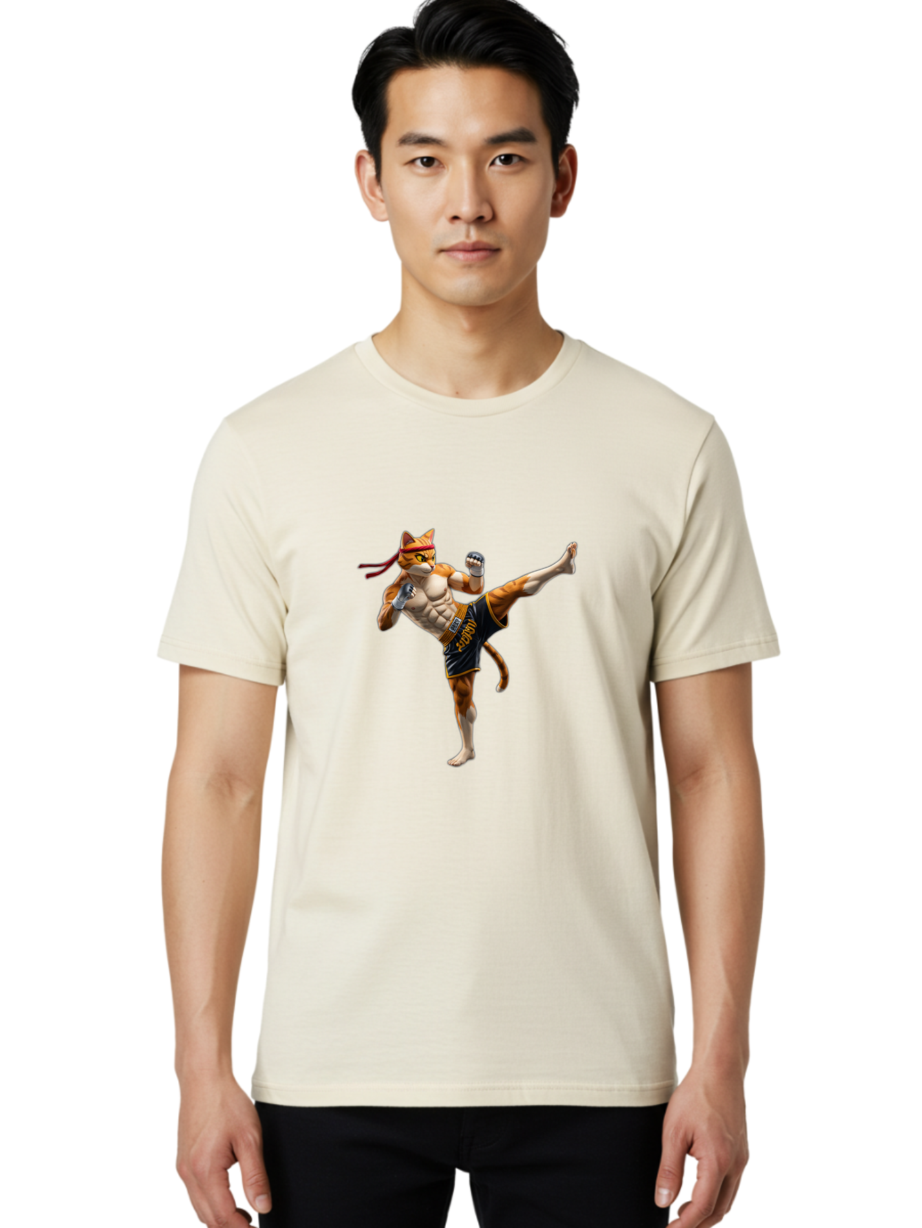Kitt Men'S Graphic Tee, 100% Cotton, Comfortable Casual Summer Wear, Machine Washable, Cartoon Cat In Muay Thai Stance, Kickboxing Pose, Martial Arts, Athletic Physique, Orange Cat With Red Headband, Fighting Stance, Dynamic Action Bae478