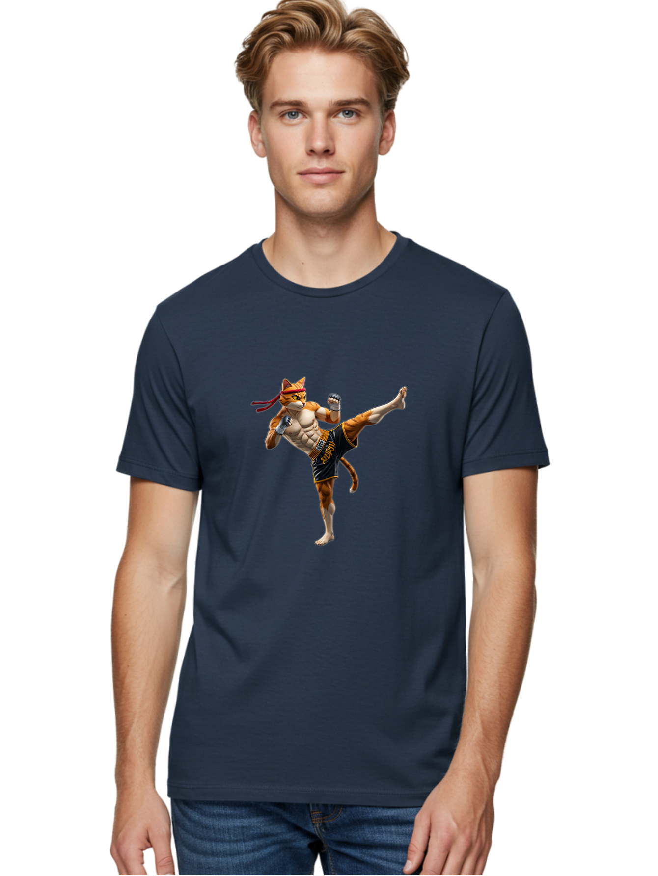 Kitt Men'S Graphic Tee, 100% Cotton, Comfortable Casual Summer Wear, Machine Washable, Cartoon Cat In Muay Thai Stance, Kickboxing Pose, Martial Arts, Athletic Physique, Orange Cat With Red Headband, Fighting Stance, Dynamic Action Bae478