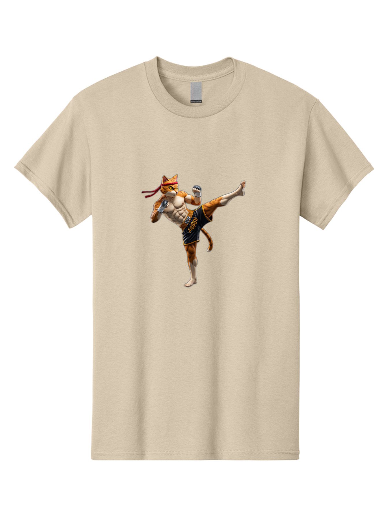 Kitt Men'S Graphic Tee, 100% Cotton, Comfortable Casual Summer Wear, Machine Washable, Cartoon Cat In Muay Thai Stance, Kickboxing Pose, Martial Arts, Athletic Physique, Orange Cat With Red Headband, Fighting Stance, Dynamic Action Bae478