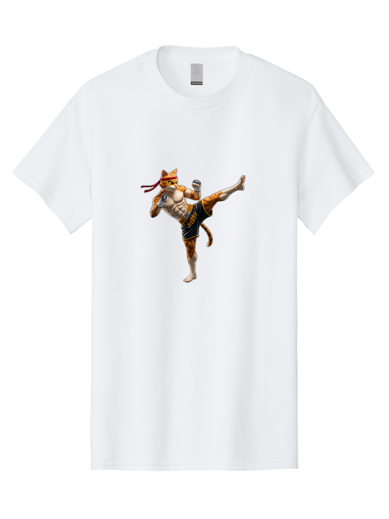 Kitt Men'S Graphic Tee, 100% Cotton, Comfortable Casual Summer Wear, Machine Washable, Cartoon Cat In Muay Thai Stance, Kickboxing Pose, Martial Arts, Athletic Physique, Orange Cat With Red Headband, Fighting Stance, Dynamic Action Bae478
