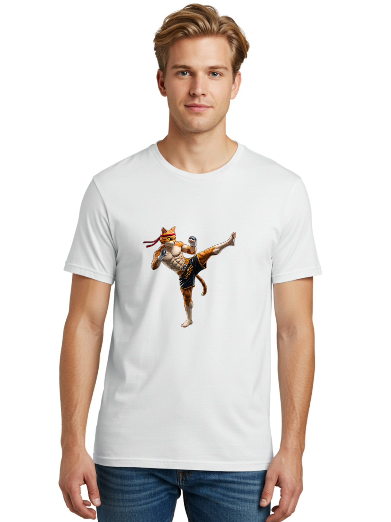 Kitt Men'S Graphic Tee, 100% Cotton, Comfortable Casual Summer Wear, Machine Washable, Cartoon Cat In Muay Thai Stance, Kickboxing Pose, Martial Arts, Athletic Physique, Orange Cat With Red Headband, Fighting Stance, Dynamic Action Bae478