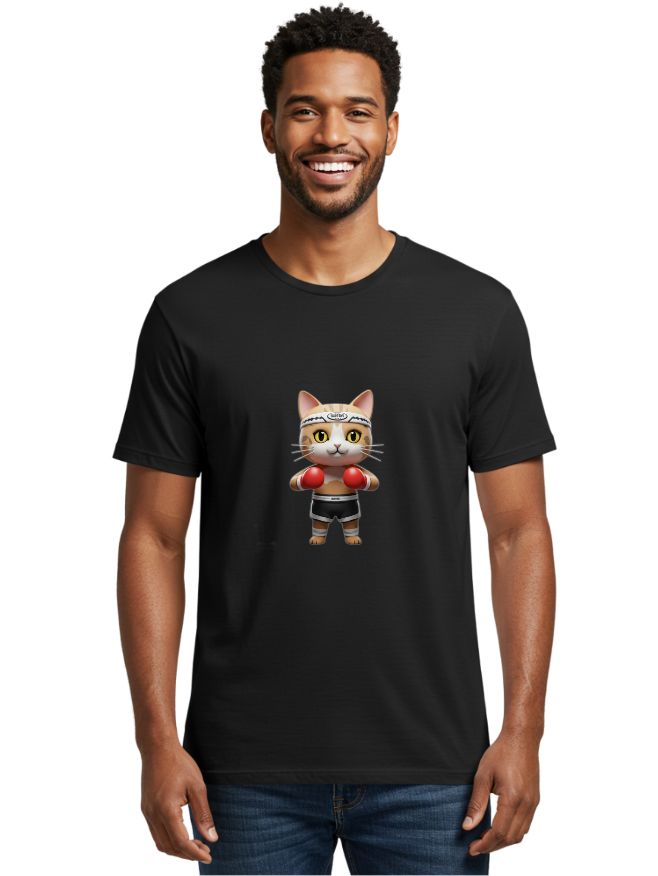 Kitten-Muay-Thai Men'S Graphic Tee, 100% Cotton, Comfortable Casual Summer Wear, Machine Washable, Cartoon Cat, Boxing Gloves, Muay Thai, Kitten Muay, Martial Arts, Fighting Cat, Animal Athlete, Cute Fighter Bae479