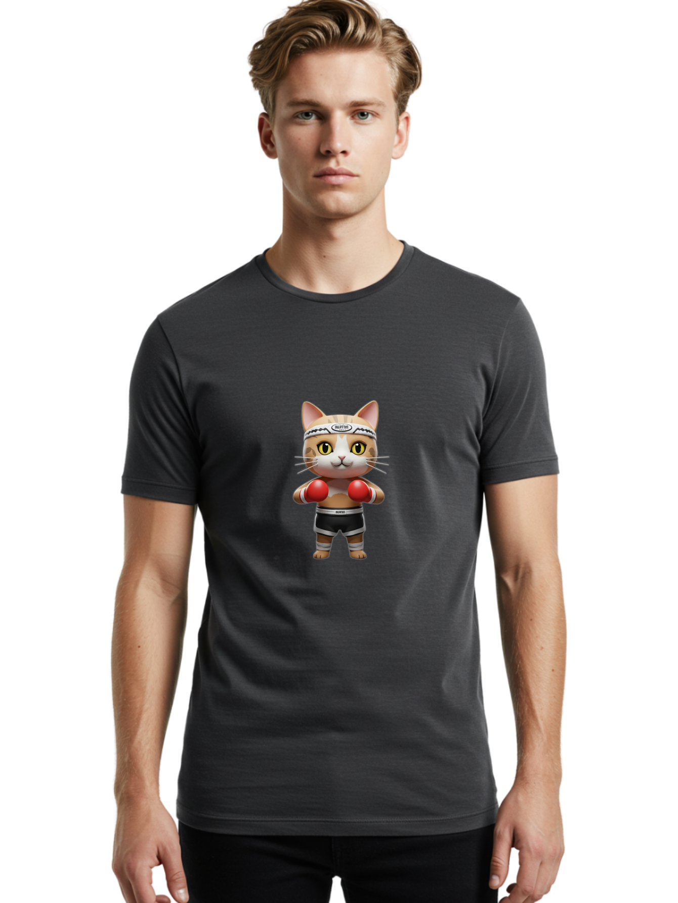 Kitten-Muay-Thai Men'S Graphic Tee, 100% Cotton, Comfortable Casual Summer Wear, Machine Washable, Cartoon Cat, Boxing Gloves, Muay Thai, Kitten Muay, Martial Arts, Fighting Cat, Animal Athlete, Cute Fighter Bae479