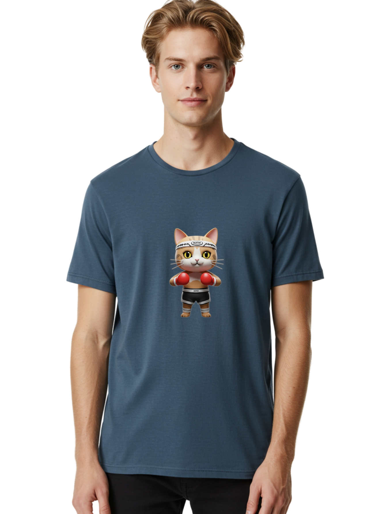 Kitten-Muay-Thai Men'S Graphic Tee, 100% Cotton, Comfortable Casual Summer Wear, Machine Washable, Cartoon Cat, Boxing Gloves, Muay Thai, Kitten Muay, Martial Arts, Fighting Cat, Animal Athlete, Cute Fighter Bae479