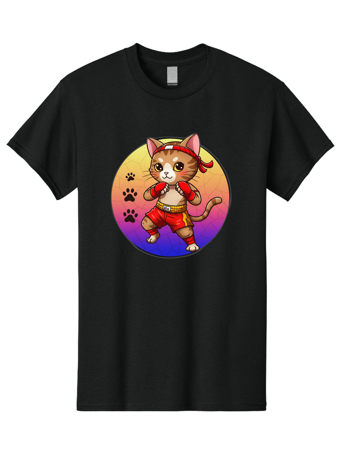 Kitty-Muay-Thai Men'S Graphic Tee, 100% Cotton, Comfortable Casual Summer Wear, Machine Washable, Cartoon Cat, Muay Thai Fighter, Boxing Gloves, Red Shorts, Kawaii Character, Cat Paw Prints, Gradient Background, Martial Arts, Fighting Stance, Bae480