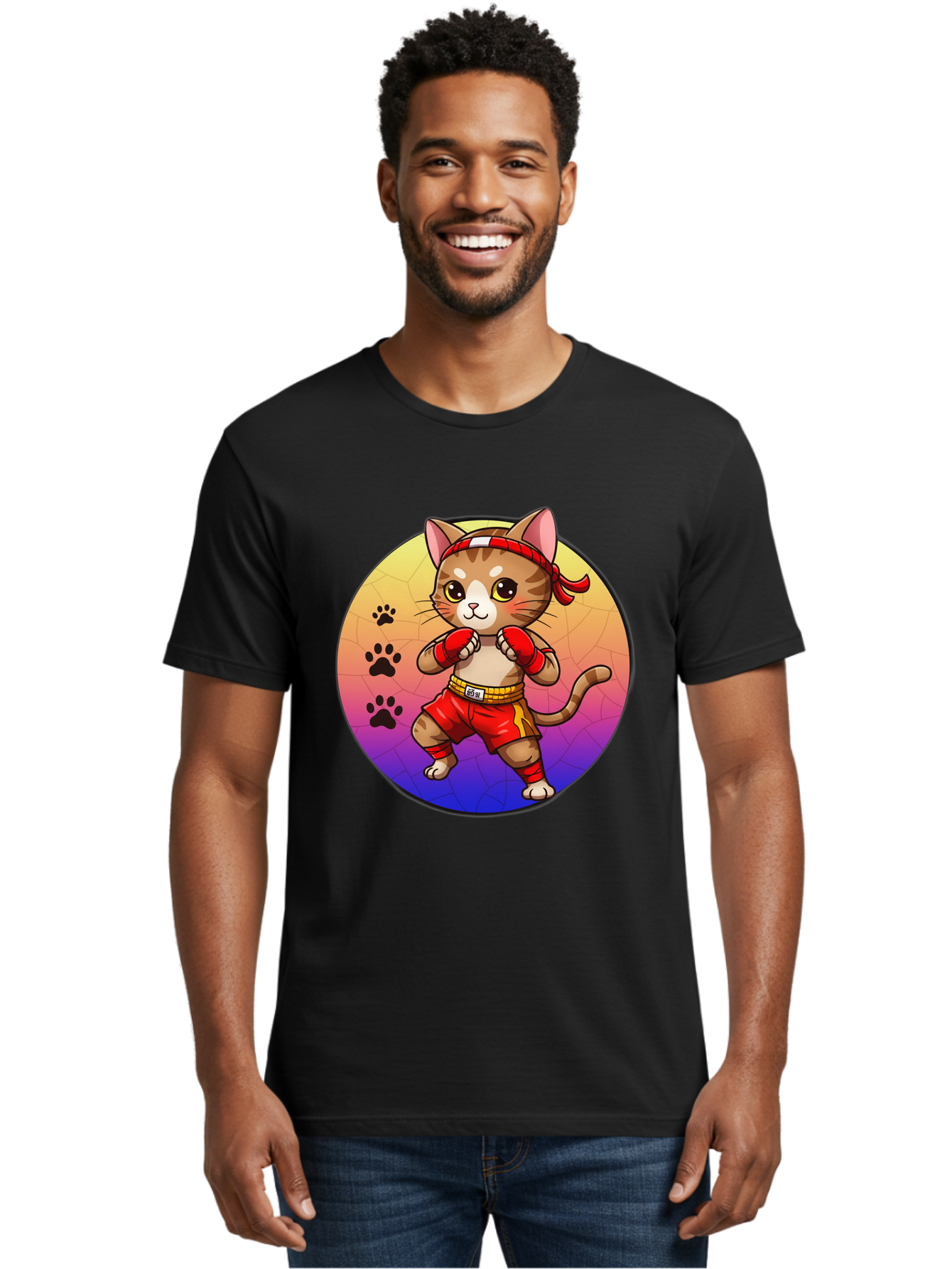 Kitty-Muay-Thai Men'S Graphic Tee, 100% Cotton, Comfortable Casual Summer Wear, Machine Washable, Cartoon Cat, Muay Thai Fighter, Boxing Gloves, Red Shorts, Kawaii Character, Cat Paw Prints, Gradient Background, Martial Arts, Fighting Stance, Bae480