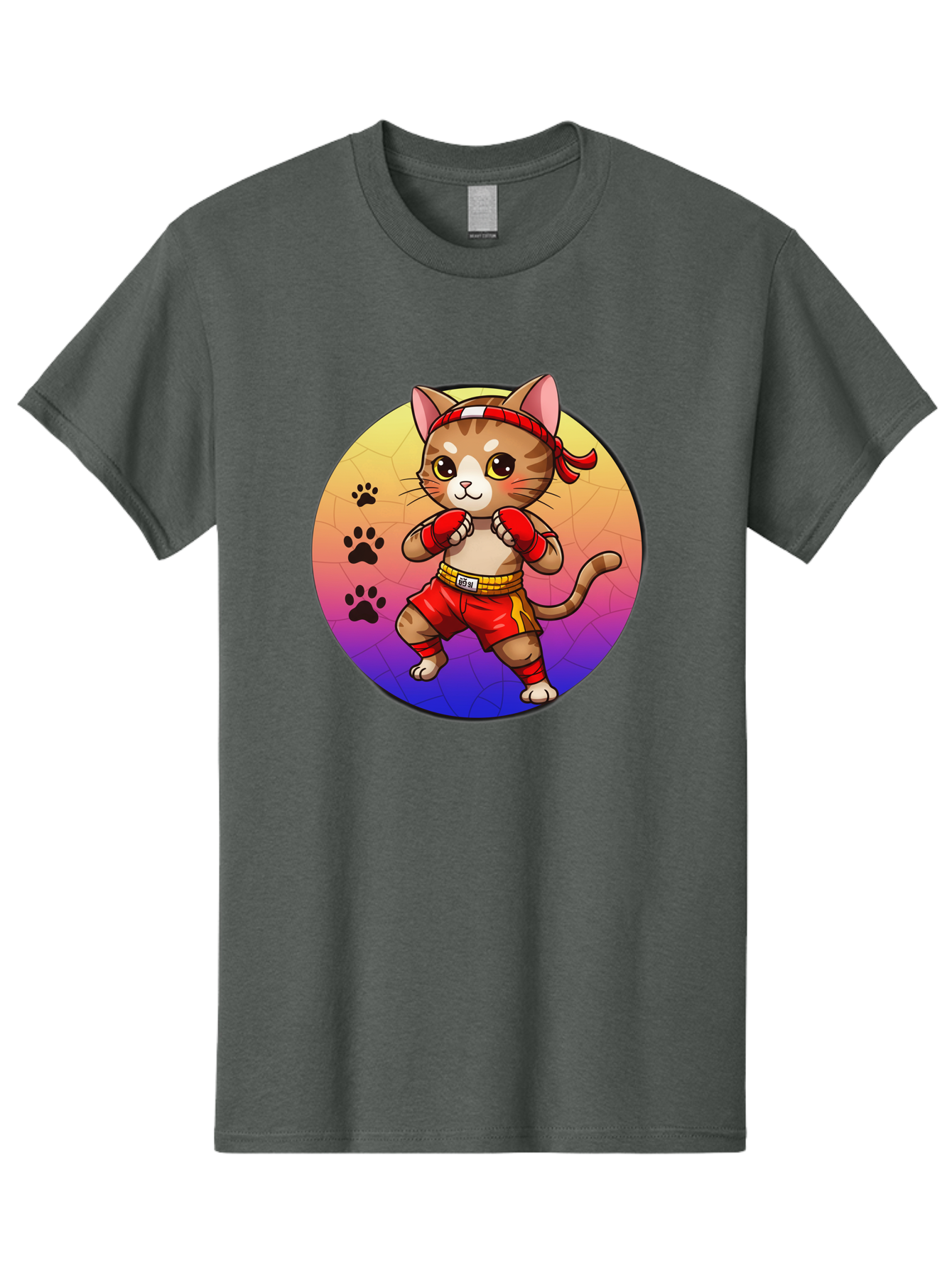 Kitty-Muay-Thai Men'S Graphic Tee, 100% Cotton, Comfortable Casual Summer Wear, Machine Washable, Cartoon Cat, Muay Thai Fighter, Boxing Gloves, Red Shorts, Kawaii Character, Cat Paw Prints, Gradient Background, Martial Arts, Fighting Stance, Bae480