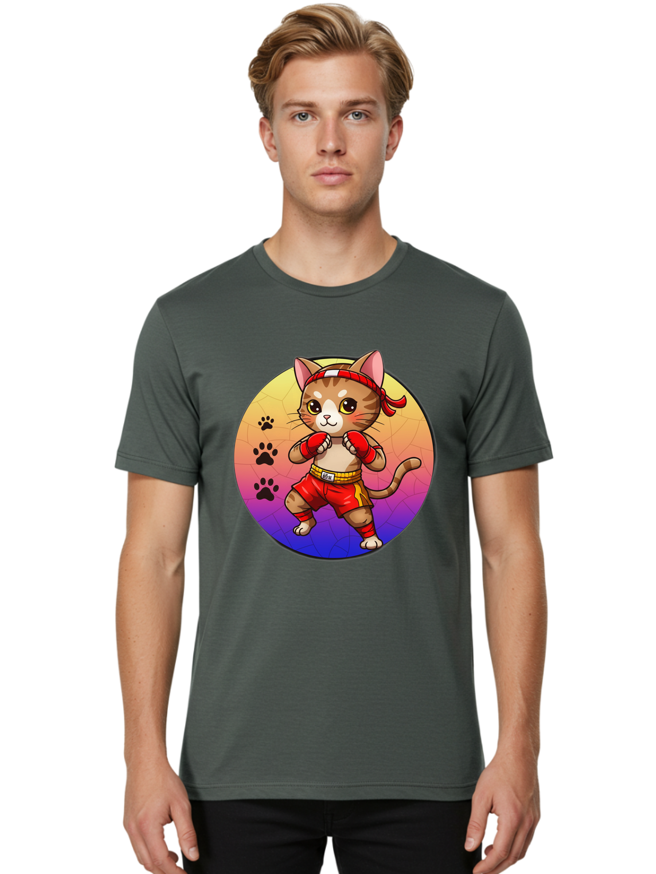 Kitty-Muay-Thai Men'S Graphic Tee, 100% Cotton, Comfortable Casual Summer Wear, Machine Washable, Cartoon Cat, Muay Thai Fighter, Boxing Gloves, Red Shorts, Kawaii Character, Cat Paw Prints, Gradient Background, Martial Arts, Fighting Stance, Bae480