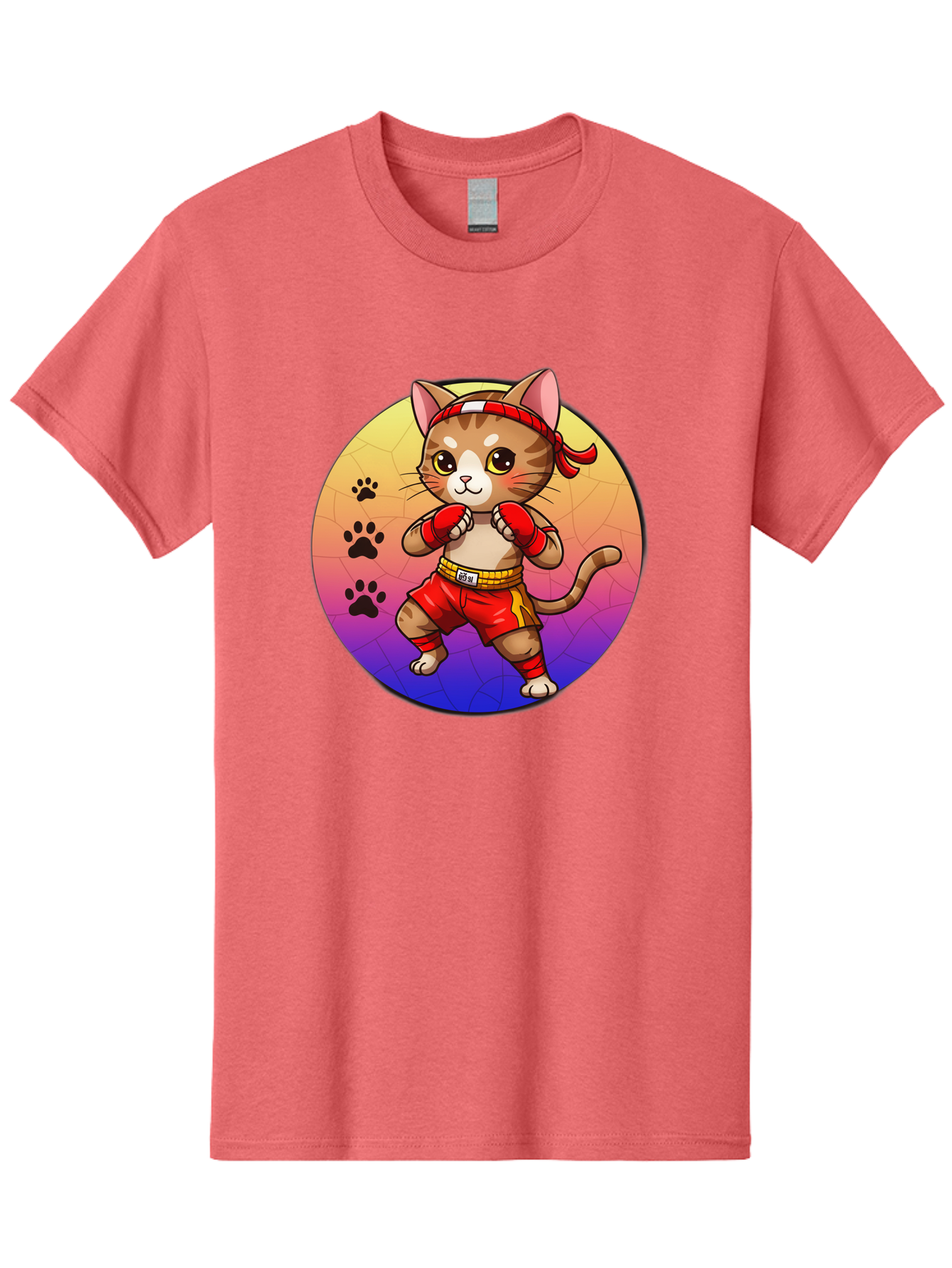 Kitty-Muay-Thai Men'S Graphic Tee, 100% Cotton, Comfortable Casual Summer Wear, Machine Washable, Cartoon Cat, Muay Thai Fighter, Boxing Gloves, Red Shorts, Kawaii Character, Cat Paw Prints, Gradient Background, Martial Arts, Fighting Stance, Bae480