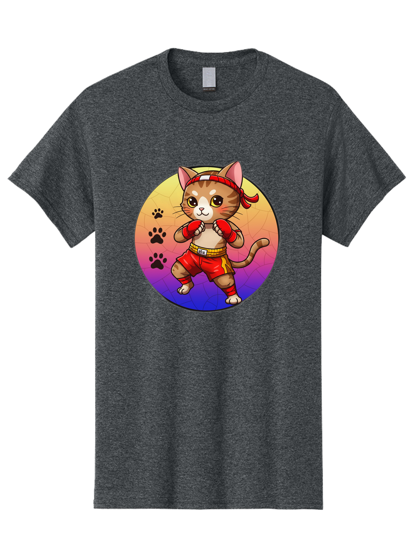 Kitty-Muay-Thai Men'S Graphic Tee, 100% Cotton, Comfortable Casual Summer Wear, Machine Washable, Cartoon Cat, Muay Thai Fighter, Boxing Gloves, Red Shorts, Kawaii Character, Cat Paw Prints, Gradient Background, Martial Arts, Fighting Stance, Bae480