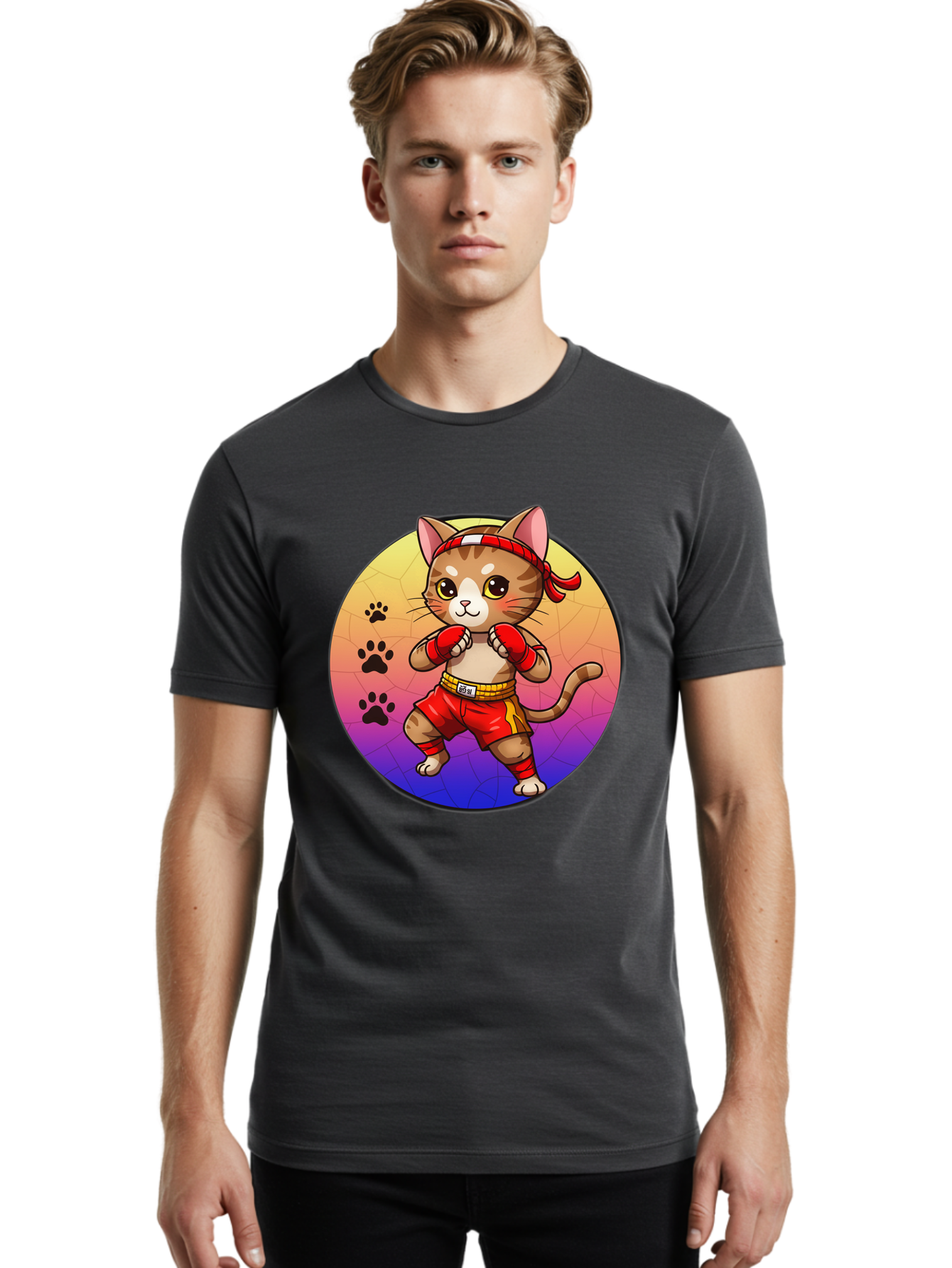 Kitty-Muay-Thai Men'S Graphic Tee, 100% Cotton, Comfortable Casual Summer Wear, Machine Washable, Cartoon Cat, Muay Thai Fighter, Boxing Gloves, Red Shorts, Kawaii Character, Cat Paw Prints, Gradient Background, Martial Arts, Fighting Stance, Bae480