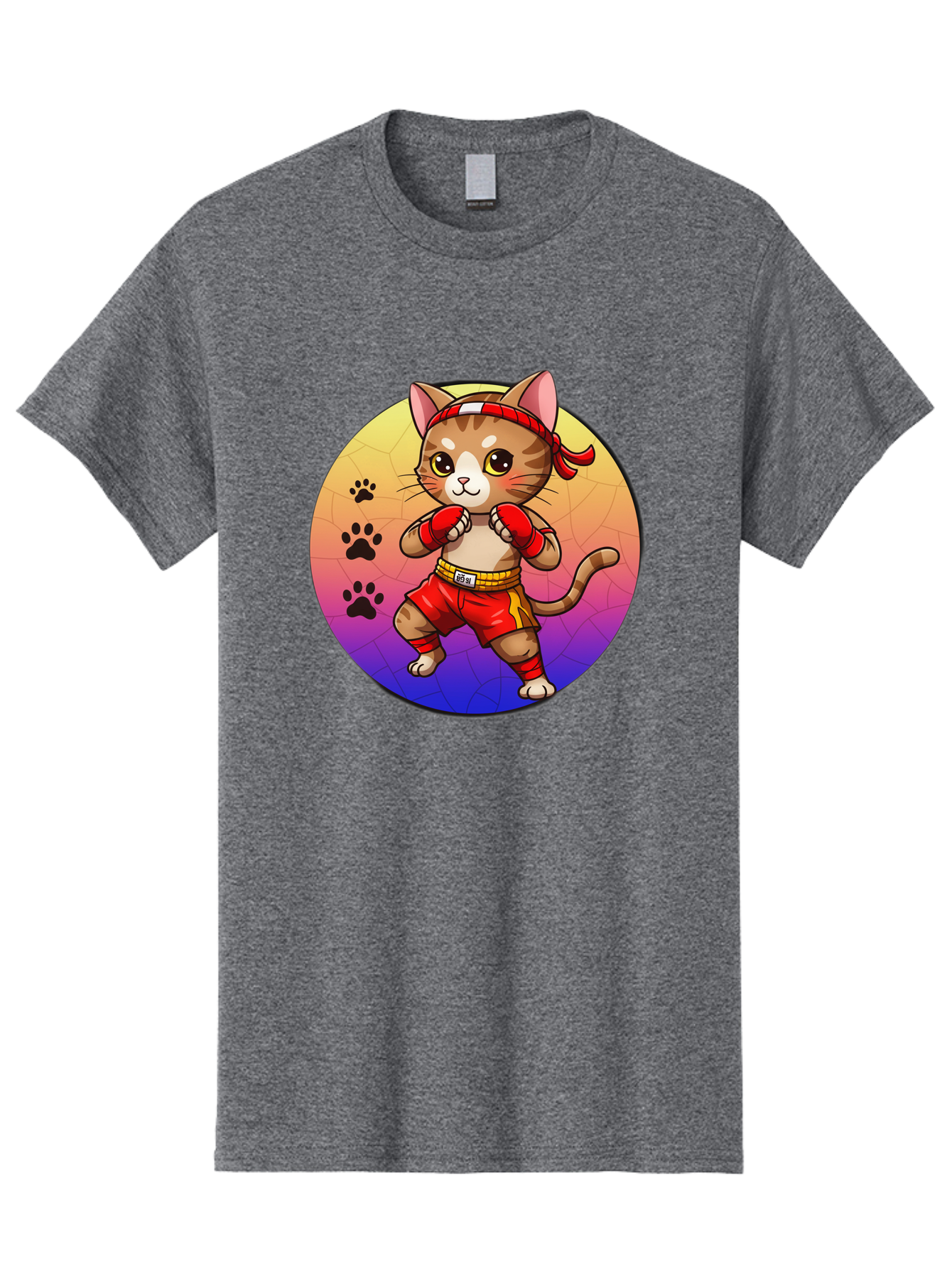 Kitty-Muay-Thai Men'S Graphic Tee, 100% Cotton, Comfortable Casual Summer Wear, Machine Washable, Cartoon Cat, Muay Thai Fighter, Boxing Gloves, Red Shorts, Kawaii Character, Cat Paw Prints, Gradient Background, Martial Arts, Fighting Stance, Bae480