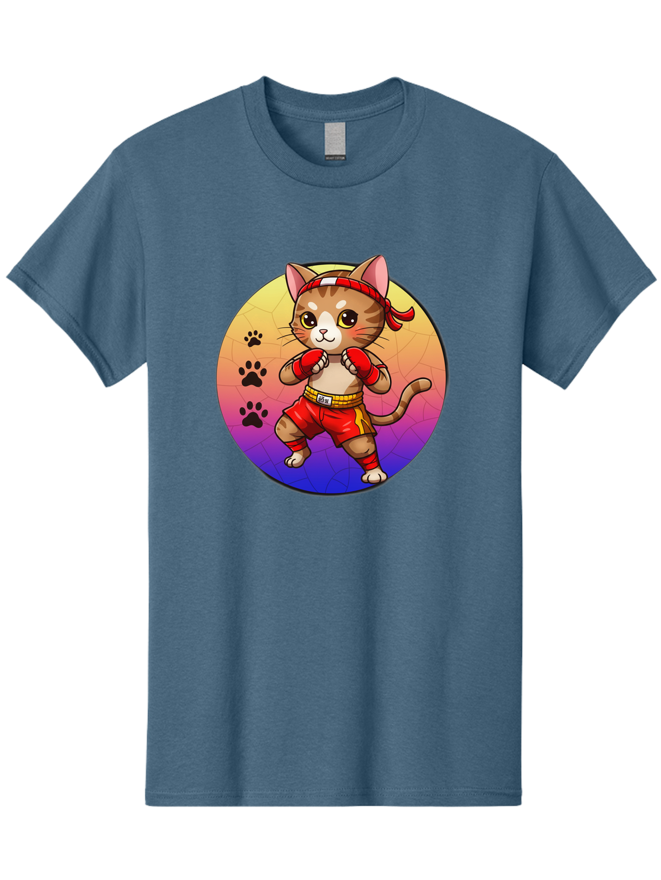 Kitty-Muay-Thai Men'S Graphic Tee, 100% Cotton, Comfortable Casual Summer Wear, Machine Washable, Cartoon Cat, Muay Thai Fighter, Boxing Gloves, Red Shorts, Kawaii Character, Cat Paw Prints, Gradient Background, Martial Arts, Fighting Stance, Bae480