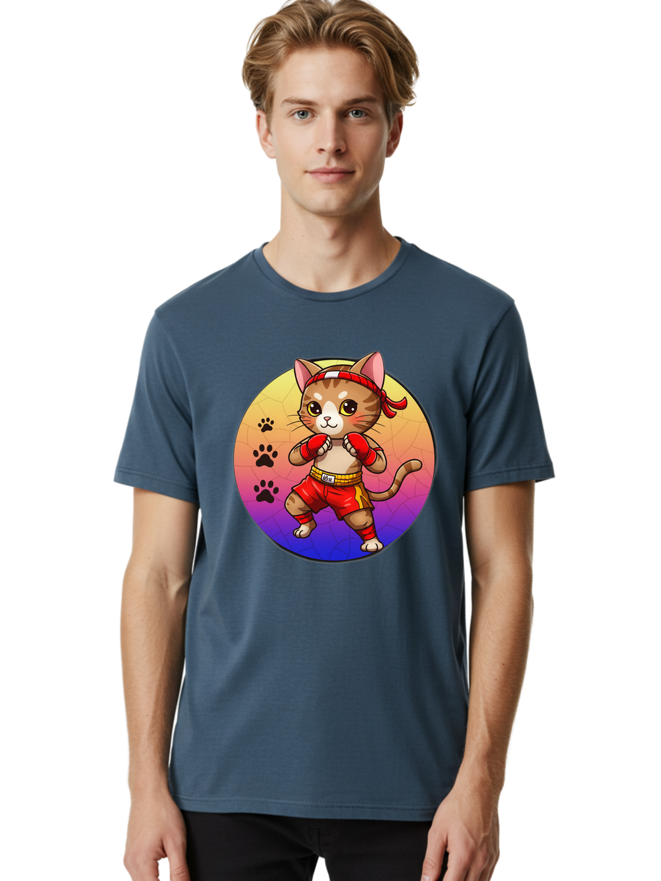 Kitty-Muay-Thai Men'S Graphic Tee, 100% Cotton, Comfortable Casual Summer Wear, Machine Washable, Cartoon Cat, Muay Thai Fighter, Boxing Gloves, Red Shorts, Kawaii Character, Cat Paw Prints, Gradient Background, Martial Arts, Fighting Stance, Bae480