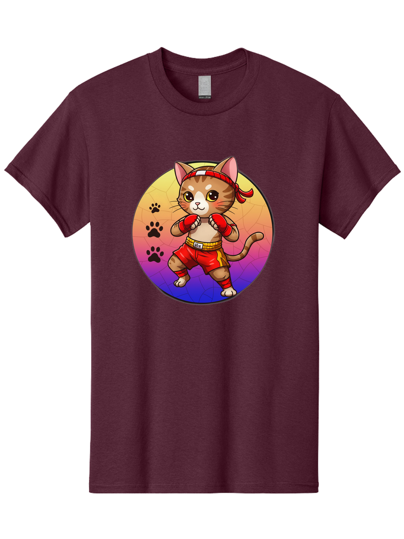 Kitty-Muay-Thai Men'S Graphic Tee, 100% Cotton, Comfortable Casual Summer Wear, Machine Washable, Cartoon Cat, Muay Thai Fighter, Boxing Gloves, Red Shorts, Kawaii Character, Cat Paw Prints, Gradient Background, Martial Arts, Fighting Stance, Bae480