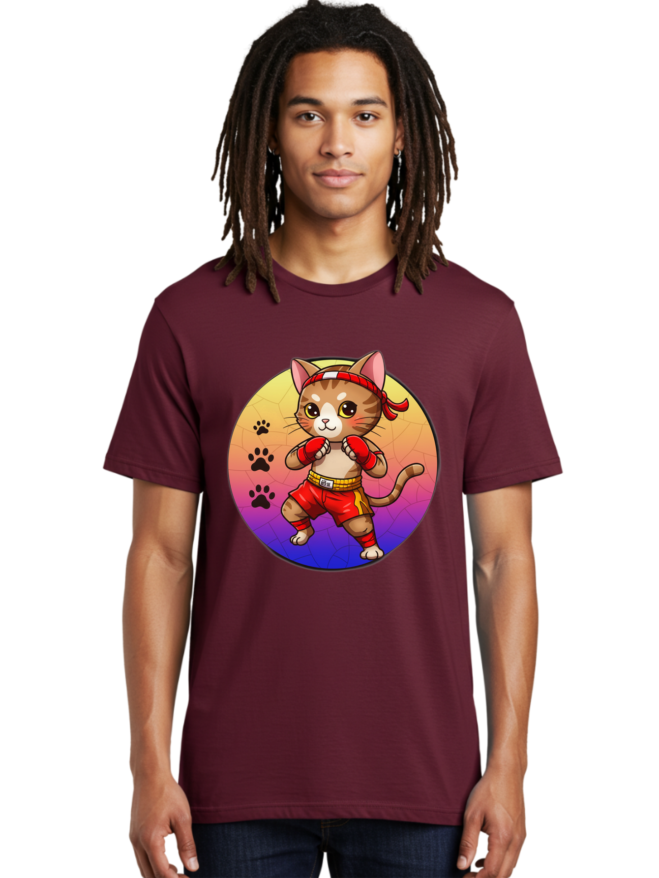 Kitty-Muay-Thai Men'S Graphic Tee, 100% Cotton, Comfortable Casual Summer Wear, Machine Washable, Cartoon Cat, Muay Thai Fighter, Boxing Gloves, Red Shorts, Kawaii Character, Cat Paw Prints, Gradient Background, Martial Arts, Fighting Stance, Bae480