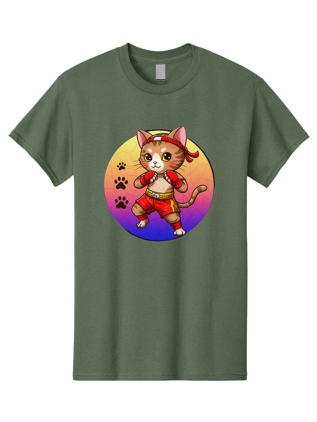 Kitty-Muay-Thai Men'S Graphic Tee, 100% Cotton, Comfortable Casual Summer Wear, Machine Washable, Cartoon Cat, Muay Thai Fighter, Boxing Gloves, Red Shorts, Kawaii Character, Cat Paw Prints, Gradient Background, Martial Arts, Fighting Stance, Bae480