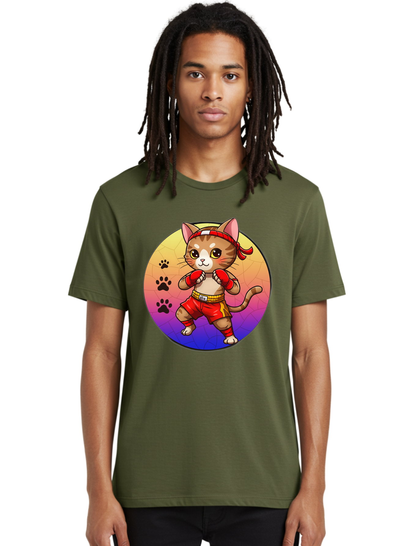 Kitty-Muay-Thai Men'S Graphic Tee, 100% Cotton, Comfortable Casual Summer Wear, Machine Washable, Cartoon Cat, Muay Thai Fighter, Boxing Gloves, Red Shorts, Kawaii Character, Cat Paw Prints, Gradient Background, Martial Arts, Fighting Stance, Bae480