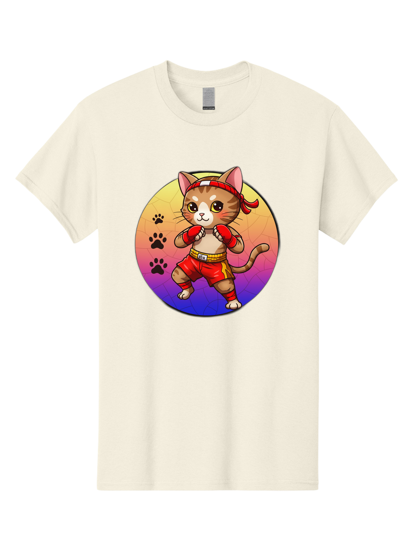 Kitty-Muay-Thai Men'S Graphic Tee, 100% Cotton, Comfortable Casual Summer Wear, Machine Washable, Cartoon Cat, Muay Thai Fighter, Boxing Gloves, Red Shorts, Kawaii Character, Cat Paw Prints, Gradient Background, Martial Arts, Fighting Stance, Bae480