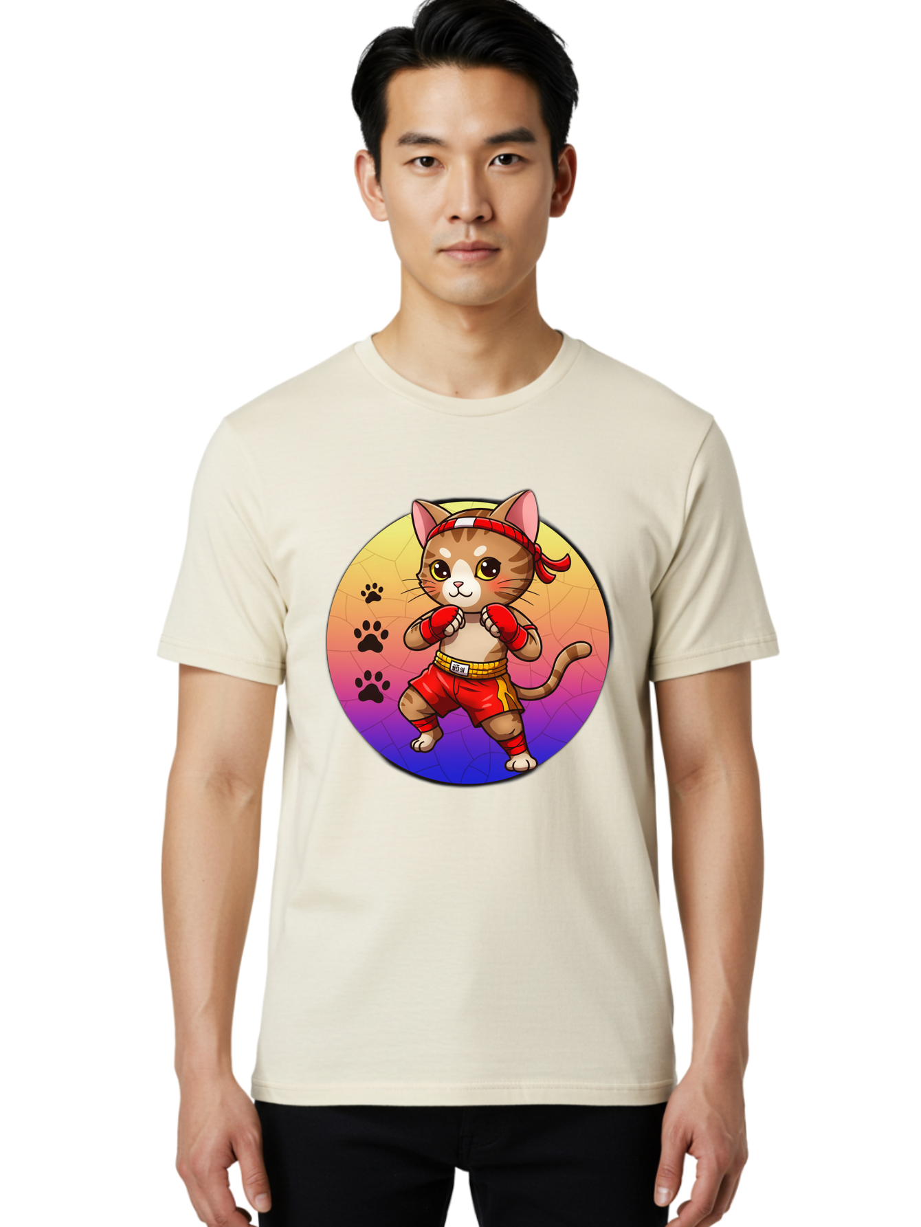 Kitty-Muay-Thai Men'S Graphic Tee, 100% Cotton, Comfortable Casual Summer Wear, Machine Washable, Cartoon Cat, Muay Thai Fighter, Boxing Gloves, Red Shorts, Kawaii Character, Cat Paw Prints, Gradient Background, Martial Arts, Fighting Stance, Bae480