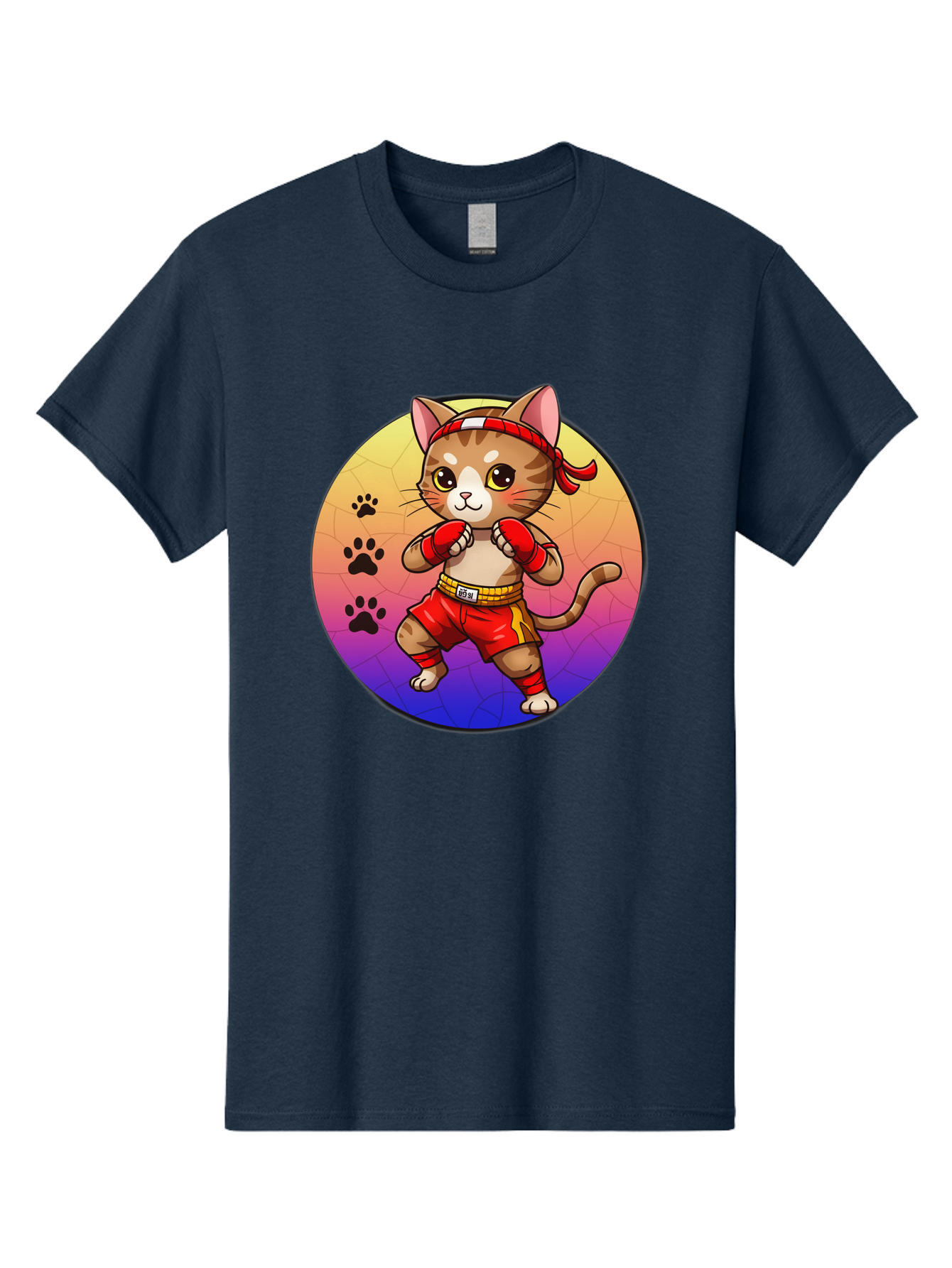 Kitty-Muay-Thai Men'S Graphic Tee, 100% Cotton, Comfortable Casual Summer Wear, Machine Washable, Cartoon Cat, Muay Thai Fighter, Boxing Gloves, Red Shorts, Kawaii Character, Cat Paw Prints, Gradient Background, Martial Arts, Fighting Stance, Bae480