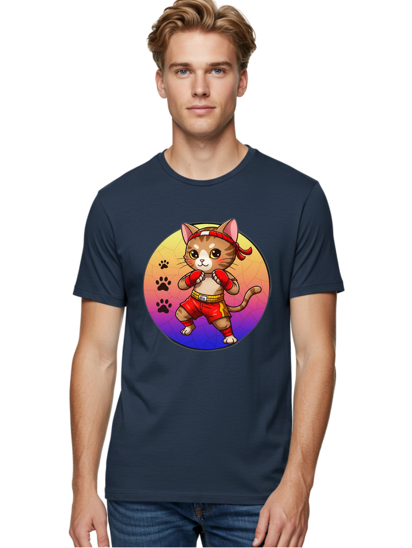 Kitty-Muay-Thai Men'S Graphic Tee, 100% Cotton, Comfortable Casual Summer Wear, Machine Washable, Cartoon Cat, Muay Thai Fighter, Boxing Gloves, Red Shorts, Kawaii Character, Cat Paw Prints, Gradient Background, Martial Arts, Fighting Stance, Bae480