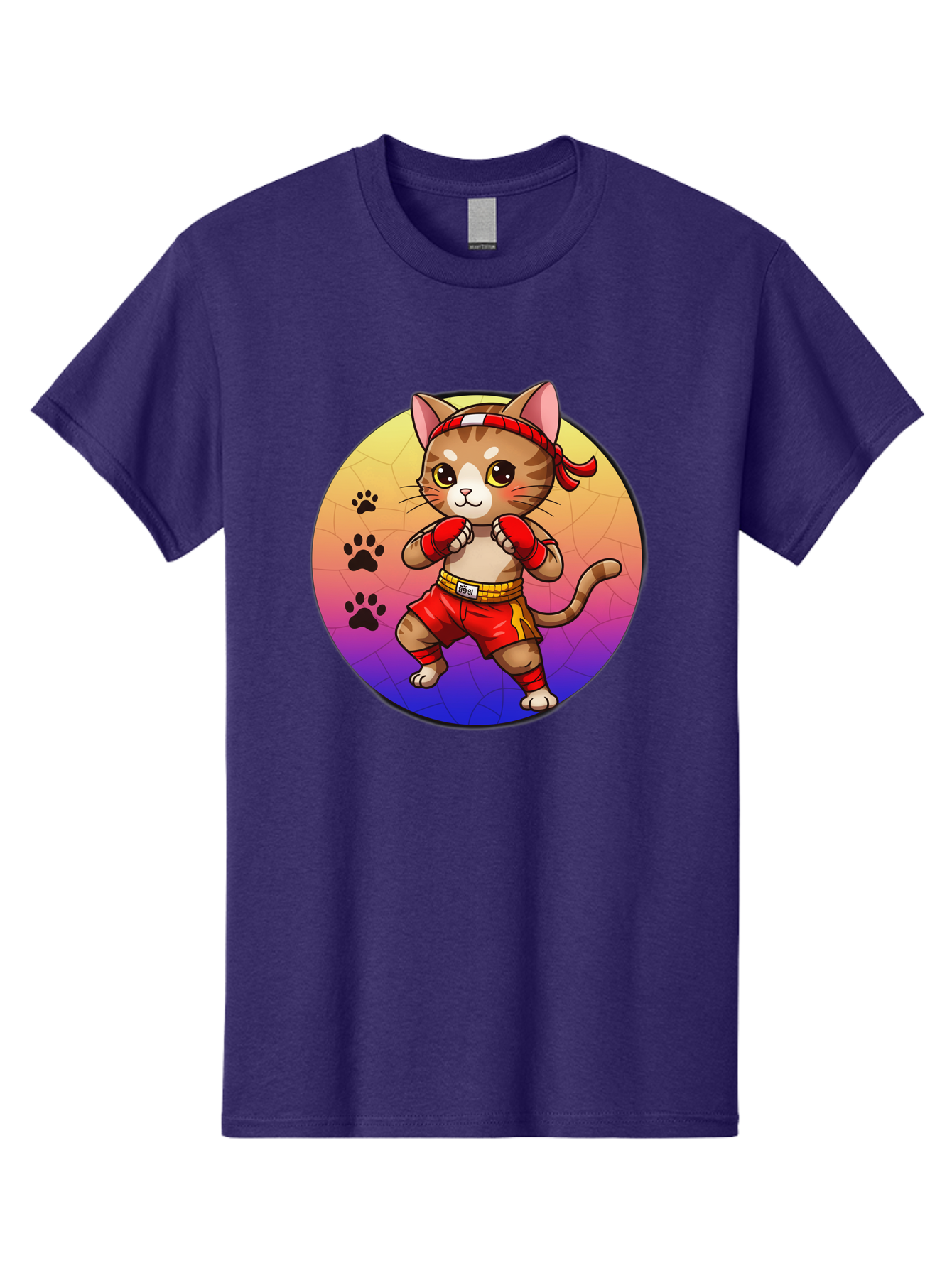 Kitty-Muay-Thai Men'S Graphic Tee, 100% Cotton, Comfortable Casual Summer Wear, Machine Washable, Cartoon Cat, Muay Thai Fighter, Boxing Gloves, Red Shorts, Kawaii Character, Cat Paw Prints, Gradient Background, Martial Arts, Fighting Stance, Bae480