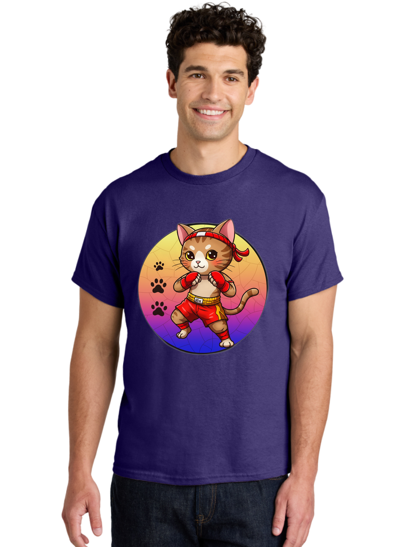Kitty-Muay-Thai Men'S Graphic Tee, 100% Cotton, Comfortable Casual Summer Wear, Machine Washable, Cartoon Cat, Muay Thai Fighter, Boxing Gloves, Red Shorts, Kawaii Character, Cat Paw Prints, Gradient Background, Martial Arts, Fighting Stance, Bae480