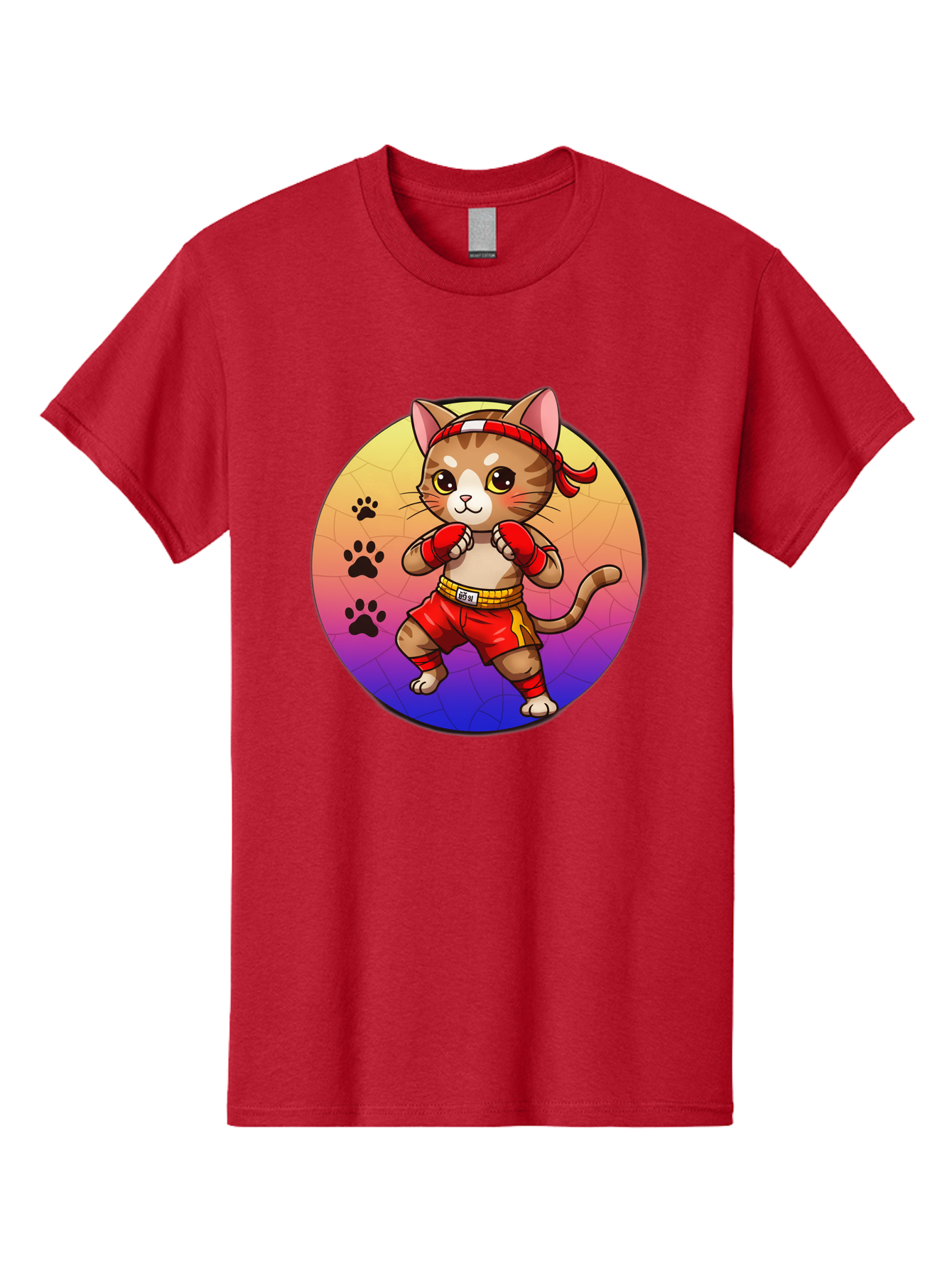 Kitty-Muay-Thai Men'S Graphic Tee, 100% Cotton, Comfortable Casual Summer Wear, Machine Washable, Cartoon Cat, Muay Thai Fighter, Boxing Gloves, Red Shorts, Kawaii Character, Cat Paw Prints, Gradient Background, Martial Arts, Fighting Stance, Bae480
