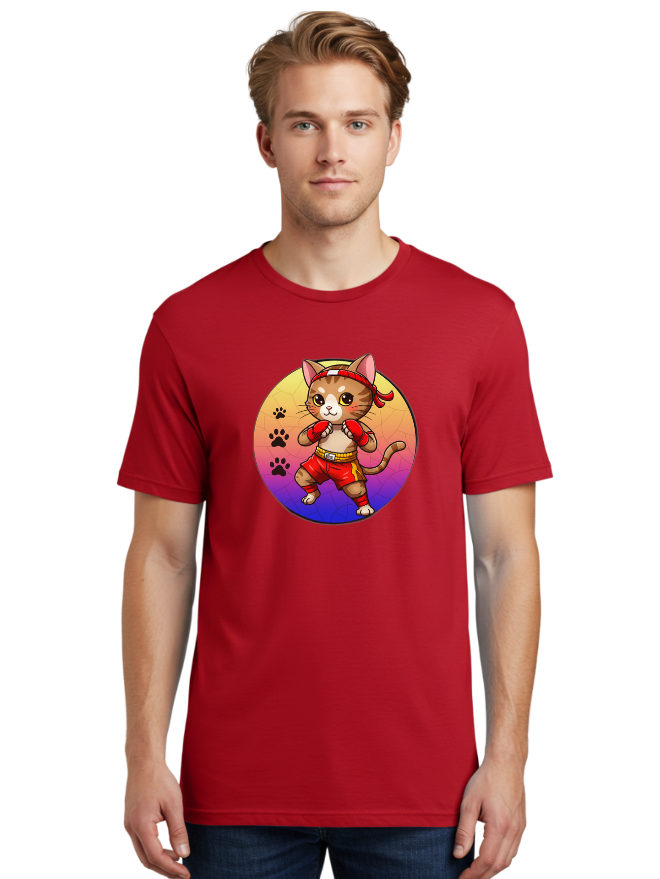 Kitty-Muay-Thai Men'S Graphic Tee, 100% Cotton, Comfortable Casual Summer Wear, Machine Washable, Cartoon Cat, Muay Thai Fighter, Boxing Gloves, Red Shorts, Kawaii Character, Cat Paw Prints, Gradient Background, Martial Arts, Fighting Stance, Bae480