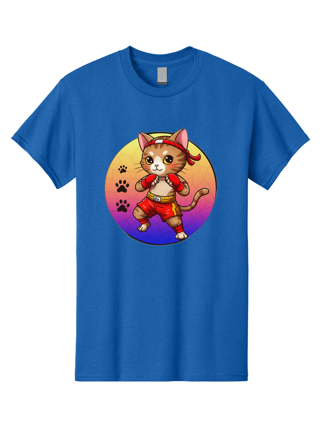 Kitty-Muay-Thai Men'S Graphic Tee, 100% Cotton, Comfortable Casual Summer Wear, Machine Washable, Cartoon Cat, Muay Thai Fighter, Boxing Gloves, Red Shorts, Kawaii Character, Cat Paw Prints, Gradient Background, Martial Arts, Fighting Stance, Bae480