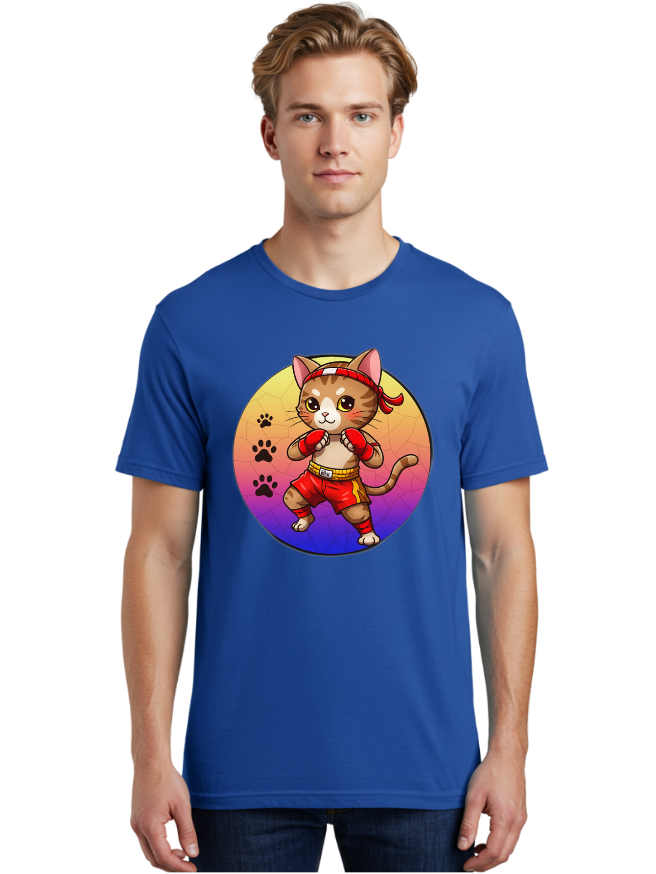 Kitty-Muay-Thai Men'S Graphic Tee, 100% Cotton, Comfortable Casual Summer Wear, Machine Washable, Cartoon Cat, Muay Thai Fighter, Boxing Gloves, Red Shorts, Kawaii Character, Cat Paw Prints, Gradient Background, Martial Arts, Fighting Stance, Bae480