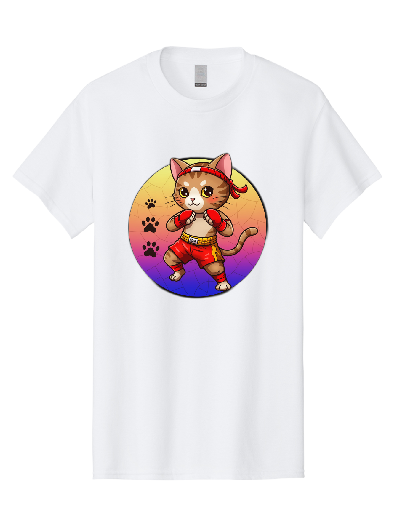 Kitty-Muay-Thai Men'S Graphic Tee, 100% Cotton, Comfortable Casual Summer Wear, Machine Washable, Cartoon Cat, Muay Thai Fighter, Boxing Gloves, Red Shorts, Kawaii Character, Cat Paw Prints, Gradient Background, Martial Arts, Fighting Stance, Bae480