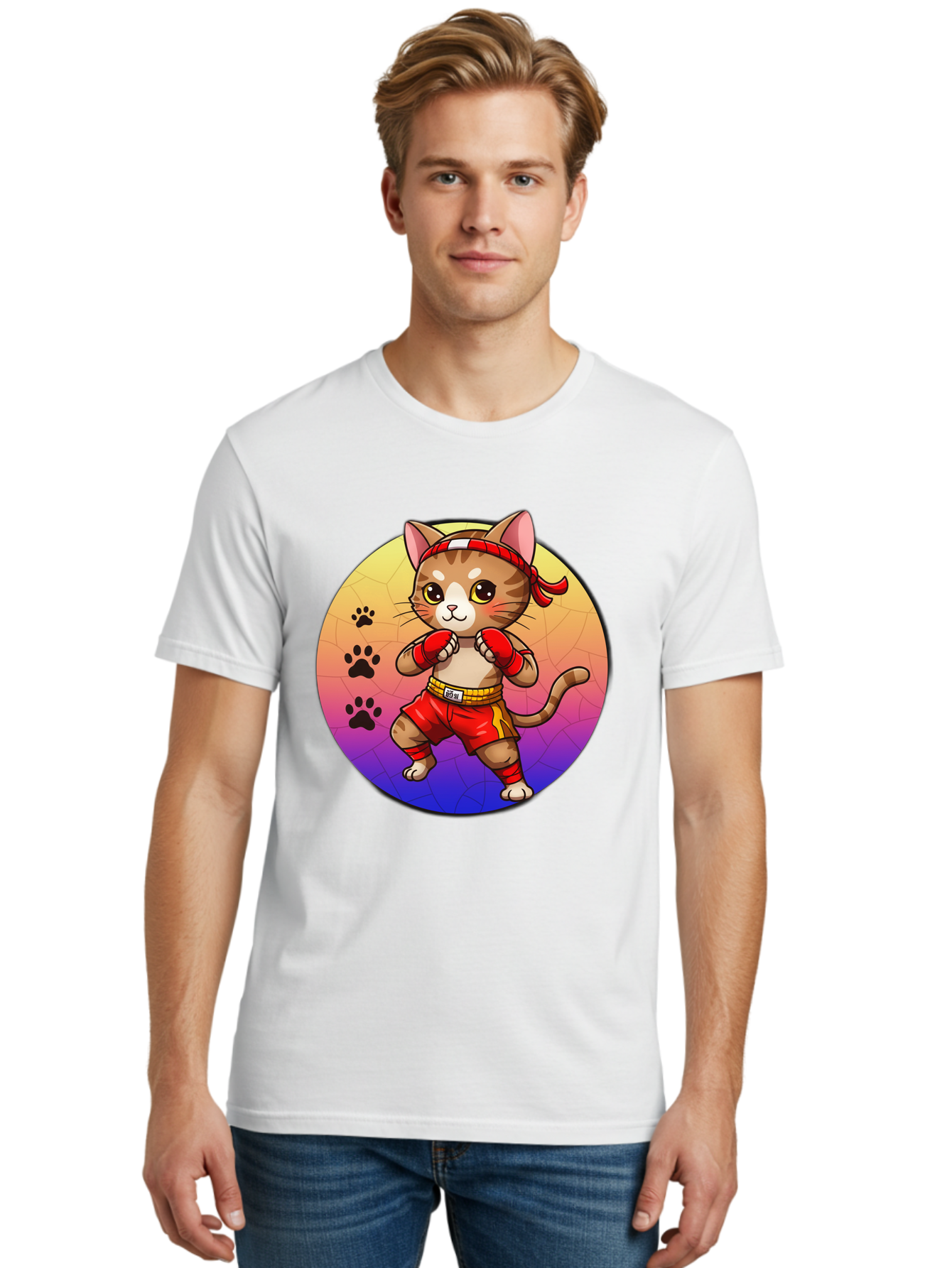 Kitty-Muay-Thai Men'S Graphic Tee, 100% Cotton, Comfortable Casual Summer Wear, Machine Washable, Cartoon Cat, Muay Thai Fighter, Boxing Gloves, Red Shorts, Kawaii Character, Cat Paw Prints, Gradient Background, Martial Arts, Fighting Stance, Bae480