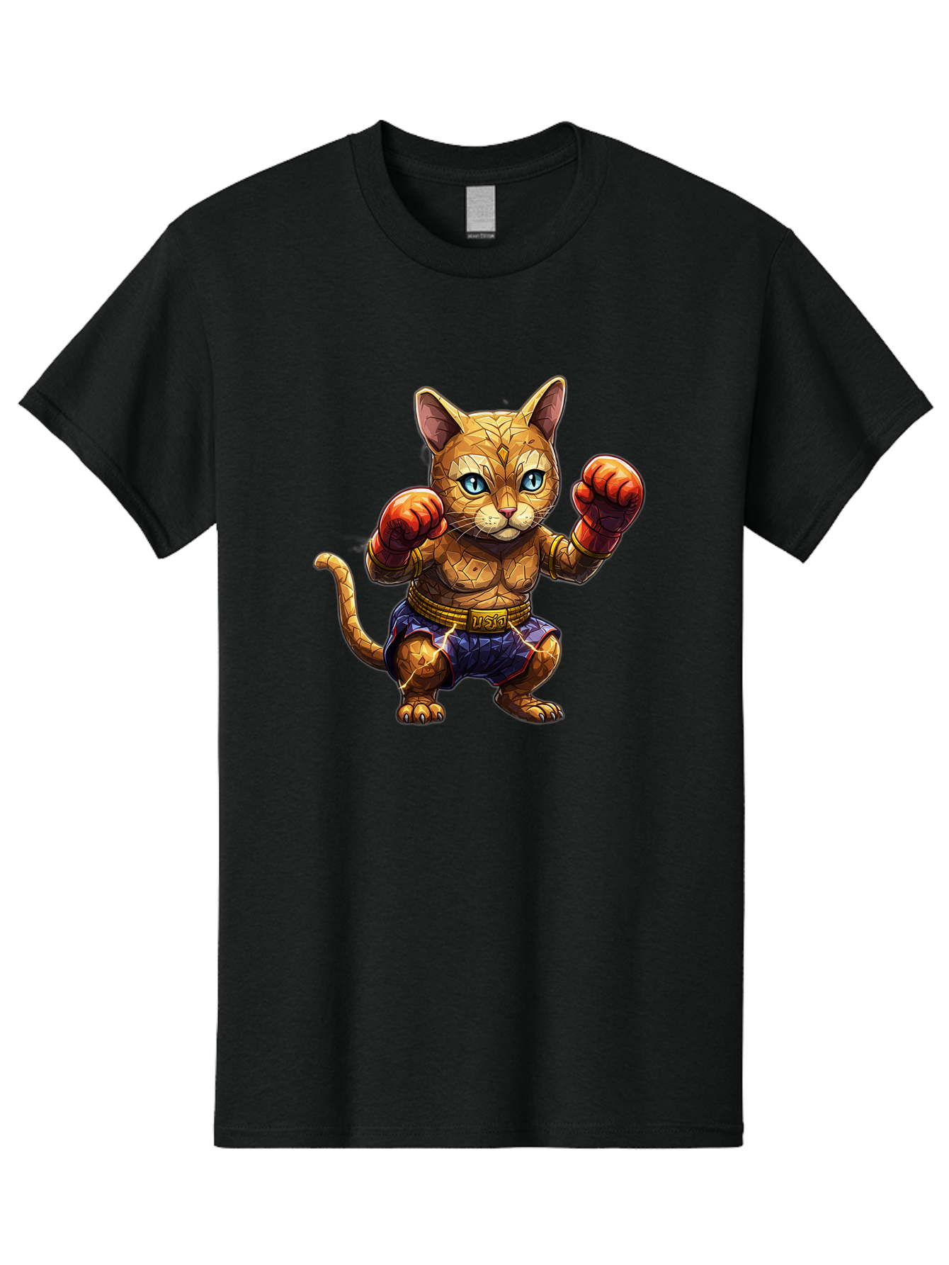 Kung-Fu-Cat-1 Men'S Graphic Tee, 100% Cotton, Comfortable Casual Summer Wear, Machine Washable, Cartoon Cat With Boxing Gloves, Muscular Cat, Fighting Stance, Blue Shorts, Gold Belt, Tiger-Like, Orange Fur, Intense Stare, Athletic Build, Bae481