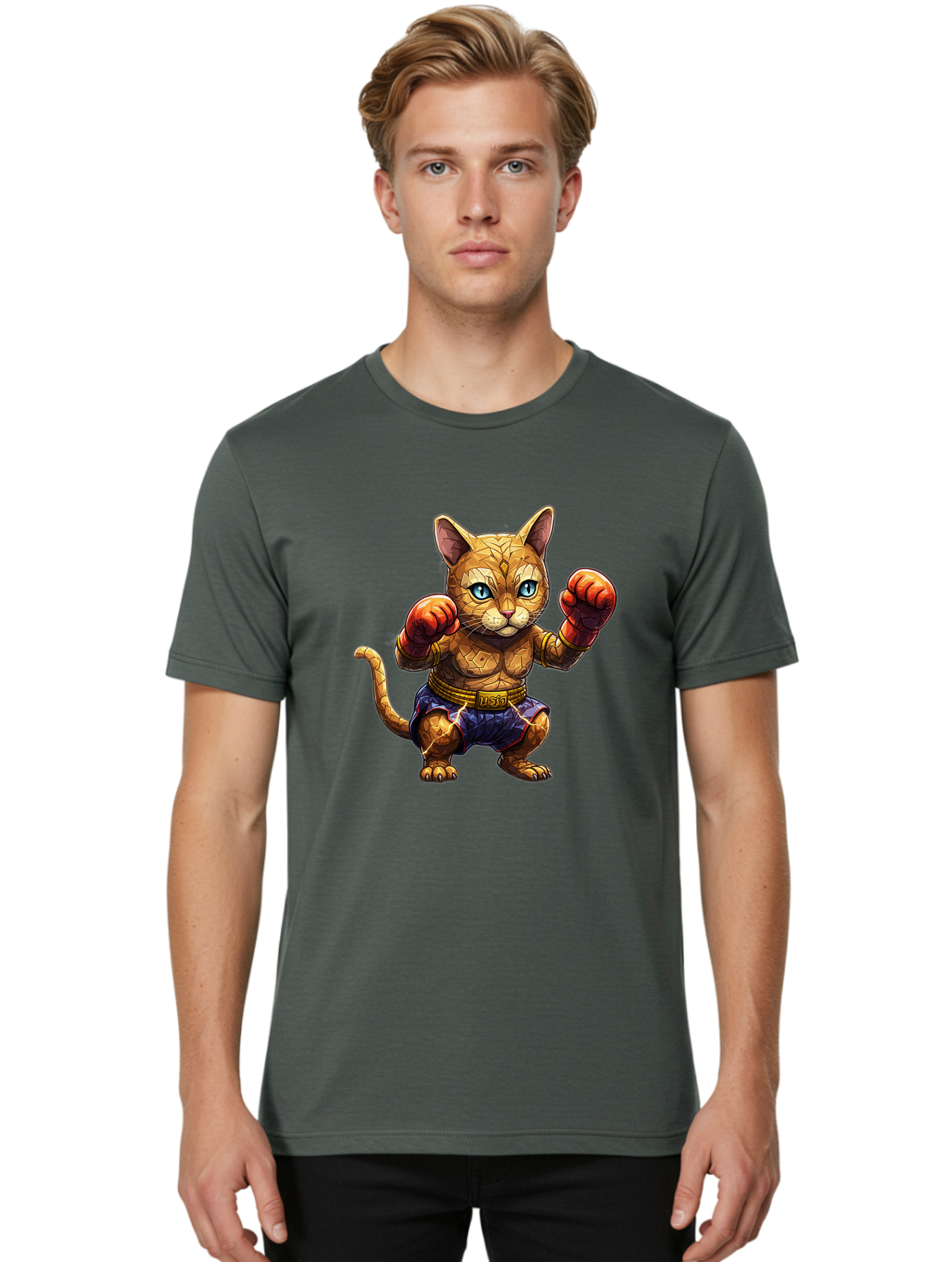 Kung-Fu-Cat-1 Men'S Graphic Tee, 100% Cotton, Comfortable Casual Summer Wear, Machine Washable, Cartoon Cat With Boxing Gloves, Muscular Cat, Fighting Stance, Blue Shorts, Gold Belt, Tiger-Like, Orange Fur, Intense Stare, Athletic Build, Bae481