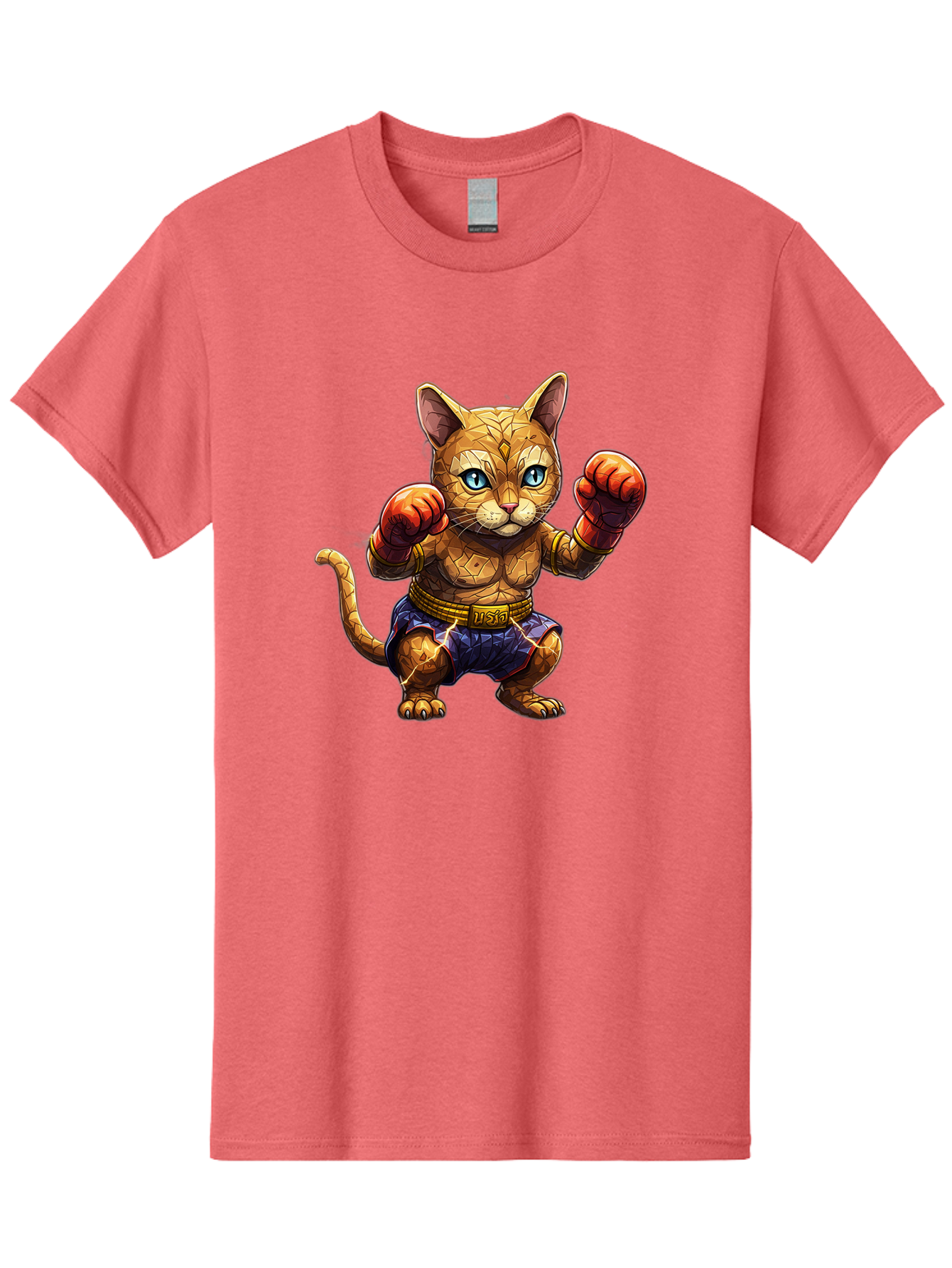 Kung-Fu-Cat-1 Men'S Graphic Tee, 100% Cotton, Comfortable Casual Summer Wear, Machine Washable, Cartoon Cat With Boxing Gloves, Muscular Cat, Fighting Stance, Blue Shorts, Gold Belt, Tiger-Like, Orange Fur, Intense Stare, Athletic Build, Bae481