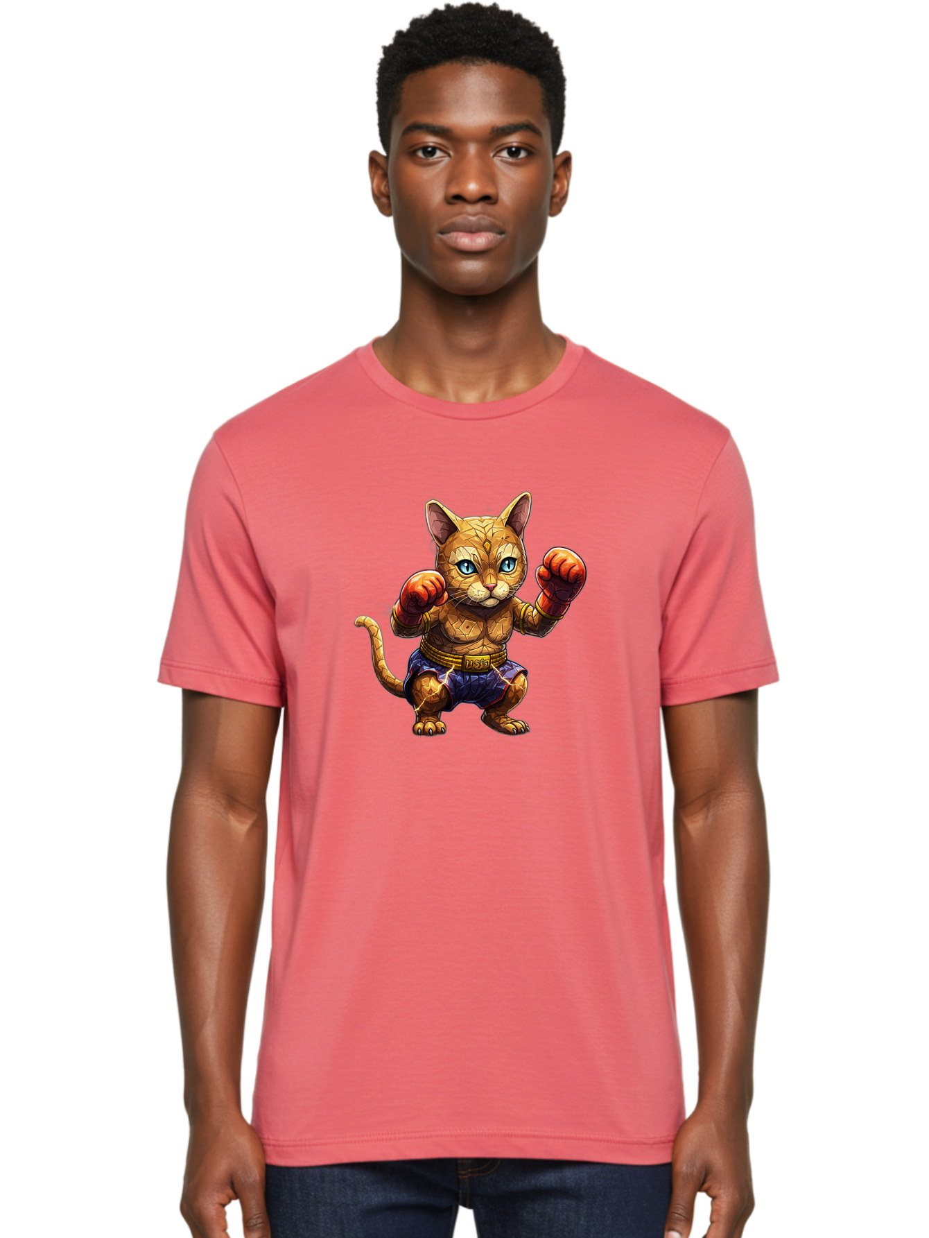 Kung-Fu-Cat-1 Men'S Graphic Tee, 100% Cotton, Comfortable Casual Summer Wear, Machine Washable, Cartoon Cat With Boxing Gloves, Muscular Cat, Fighting Stance, Blue Shorts, Gold Belt, Tiger-Like, Orange Fur, Intense Stare, Athletic Build, Bae481