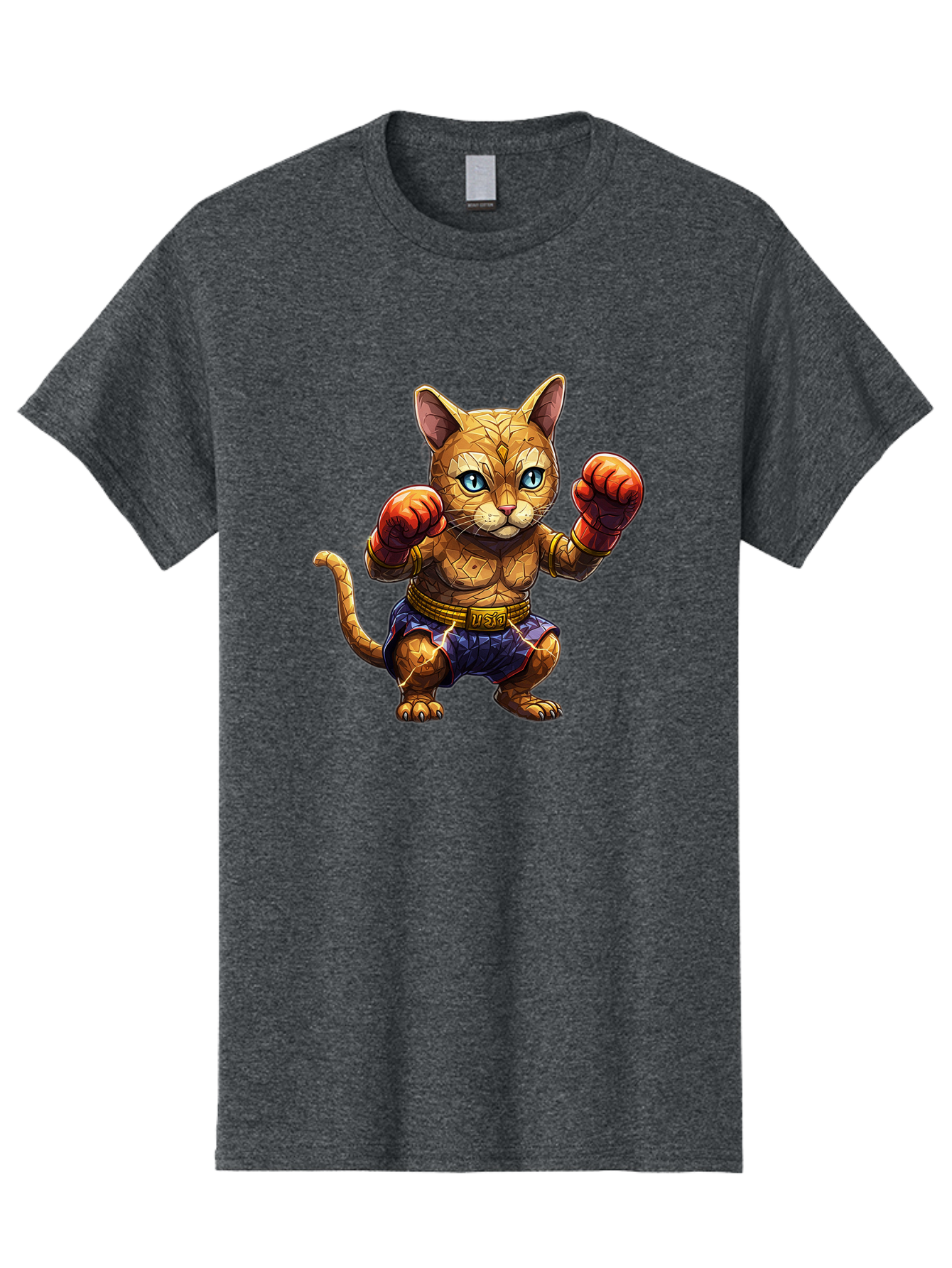 Kung-Fu-Cat-1 Men'S Graphic Tee, 100% Cotton, Comfortable Casual Summer Wear, Machine Washable, Cartoon Cat With Boxing Gloves, Muscular Cat, Fighting Stance, Blue Shorts, Gold Belt, Tiger-Like, Orange Fur, Intense Stare, Athletic Build, Bae481