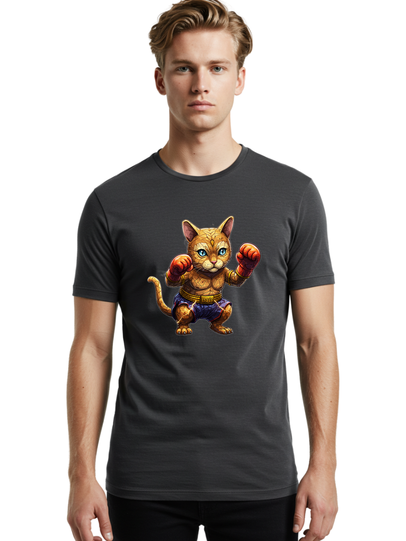 Kung-Fu-Cat-1 Men'S Graphic Tee, 100% Cotton, Comfortable Casual Summer Wear, Machine Washable, Cartoon Cat With Boxing Gloves, Muscular Cat, Fighting Stance, Blue Shorts, Gold Belt, Tiger-Like, Orange Fur, Intense Stare, Athletic Build, Bae481