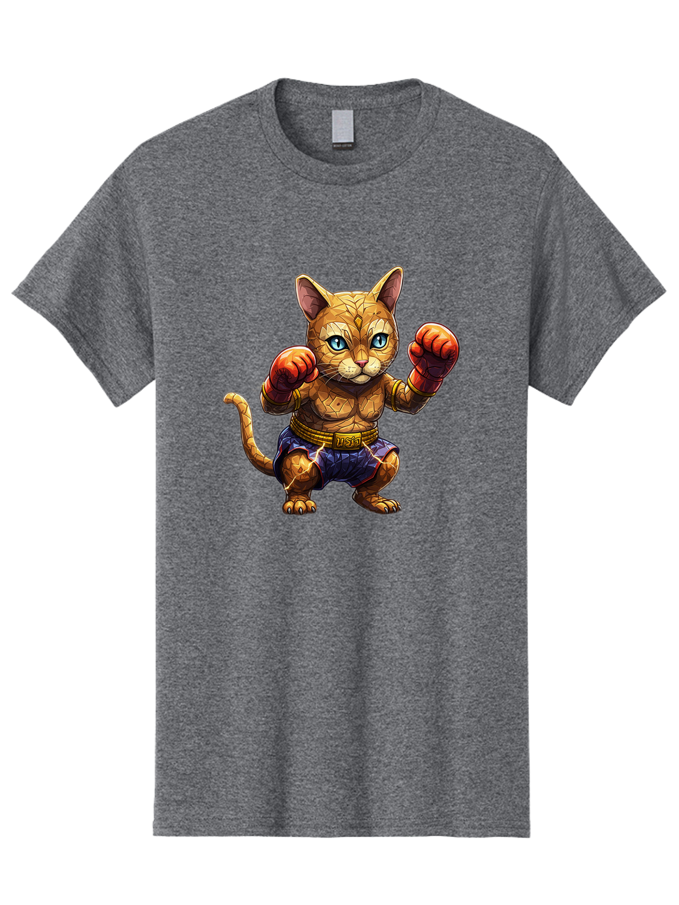 Kung-Fu-Cat-1 Men'S Graphic Tee, 100% Cotton, Comfortable Casual Summer Wear, Machine Washable, Cartoon Cat With Boxing Gloves, Muscular Cat, Fighting Stance, Blue Shorts, Gold Belt, Tiger-Like, Orange Fur, Intense Stare, Athletic Build, Bae481