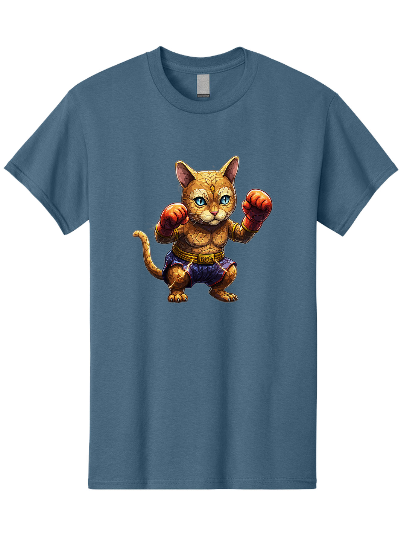 Kung-Fu-Cat-1 Men'S Graphic Tee, 100% Cotton, Comfortable Casual Summer Wear, Machine Washable, Cartoon Cat With Boxing Gloves, Muscular Cat, Fighting Stance, Blue Shorts, Gold Belt, Tiger-Like, Orange Fur, Intense Stare, Athletic Build, Bae481