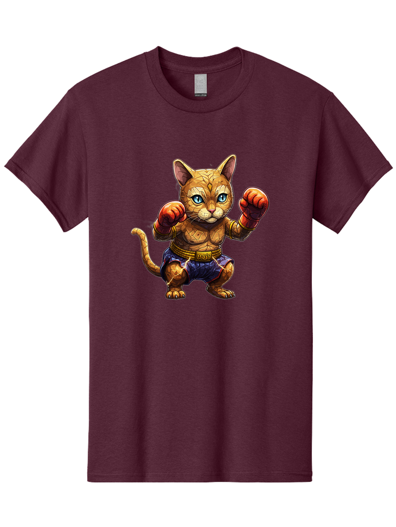 Kung-Fu-Cat-1 Men'S Graphic Tee, 100% Cotton, Comfortable Casual Summer Wear, Machine Washable, Cartoon Cat With Boxing Gloves, Muscular Cat, Fighting Stance, Blue Shorts, Gold Belt, Tiger-Like, Orange Fur, Intense Stare, Athletic Build, Bae481