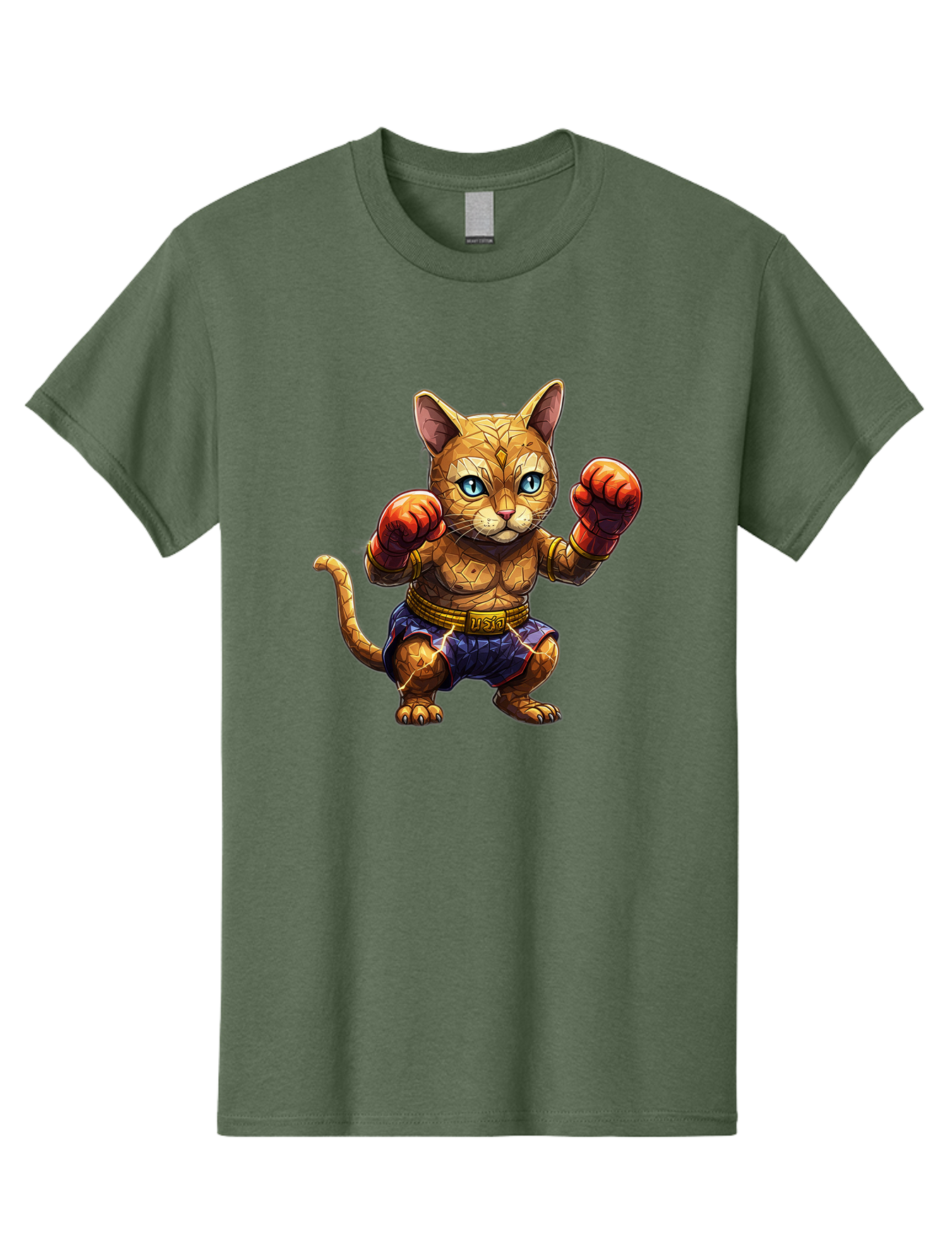 Kung-Fu-Cat-1 Men'S Graphic Tee, 100% Cotton, Comfortable Casual Summer Wear, Machine Washable, Cartoon Cat With Boxing Gloves, Muscular Cat, Fighting Stance, Blue Shorts, Gold Belt, Tiger-Like, Orange Fur, Intense Stare, Athletic Build, Bae481