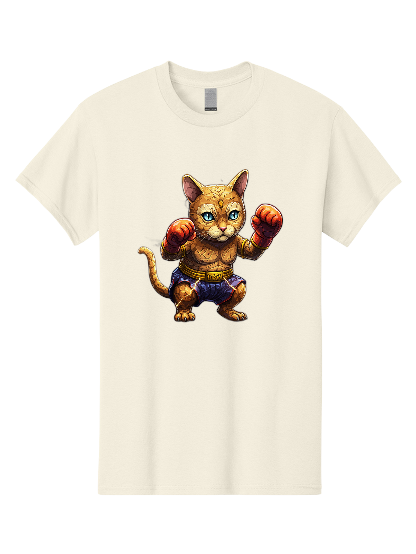 Kung-Fu-Cat-1 Men'S Graphic Tee, 100% Cotton, Comfortable Casual Summer Wear, Machine Washable, Cartoon Cat With Boxing Gloves, Muscular Cat, Fighting Stance, Blue Shorts, Gold Belt, Tiger-Like, Orange Fur, Intense Stare, Athletic Build, Bae481