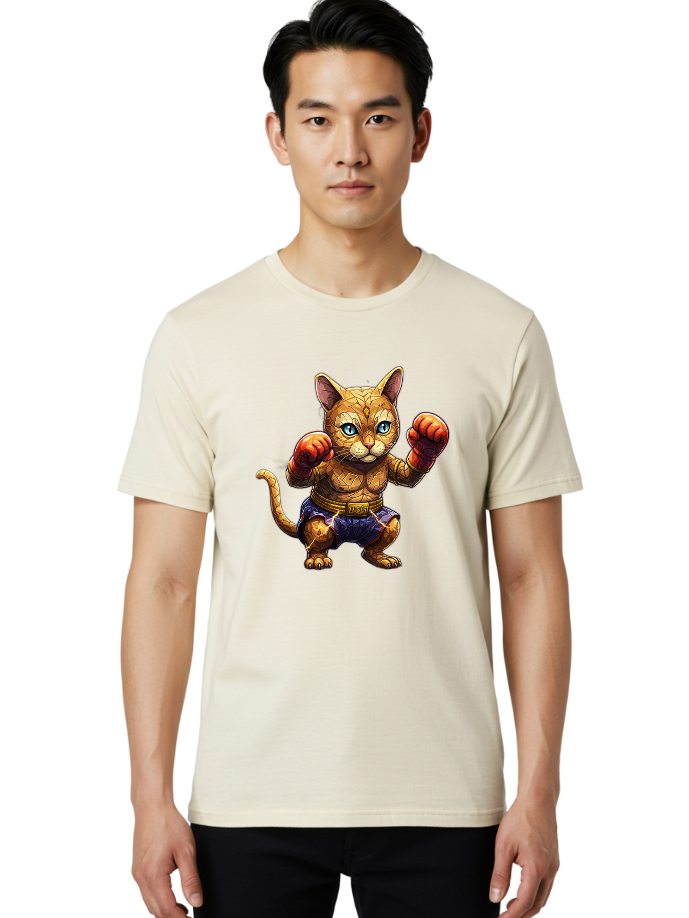 Kung-Fu-Cat-1 Men'S Graphic Tee, 100% Cotton, Comfortable Casual Summer Wear, Machine Washable, Cartoon Cat With Boxing Gloves, Muscular Cat, Fighting Stance, Blue Shorts, Gold Belt, Tiger-Like, Orange Fur, Intense Stare, Athletic Build, Bae481