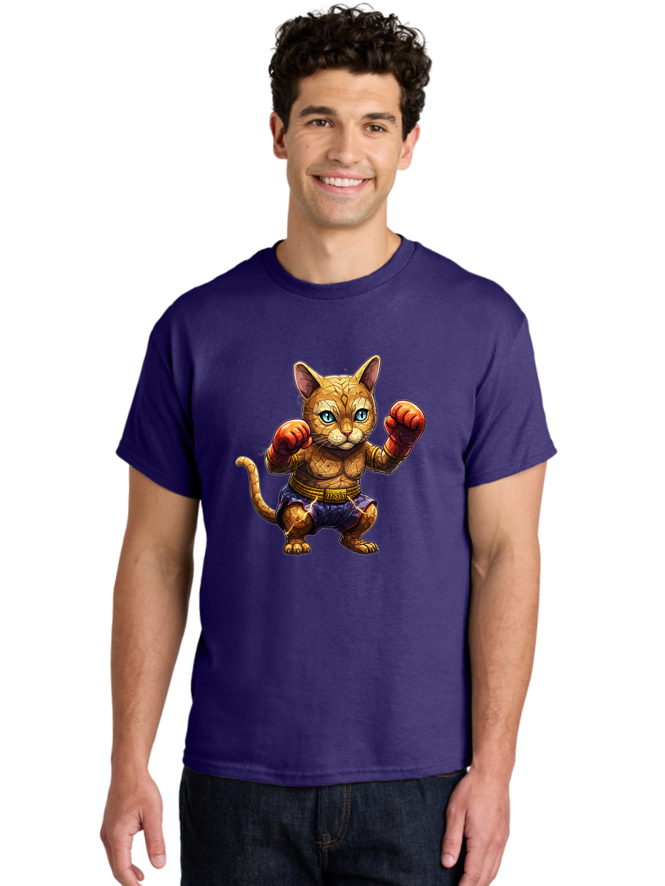 Kung-Fu-Cat-1 Men'S Graphic Tee, 100% Cotton, Comfortable Casual Summer Wear, Machine Washable, Cartoon Cat With Boxing Gloves, Muscular Cat, Fighting Stance, Blue Shorts, Gold Belt, Tiger-Like, Orange Fur, Intense Stare, Athletic Build, Bae481